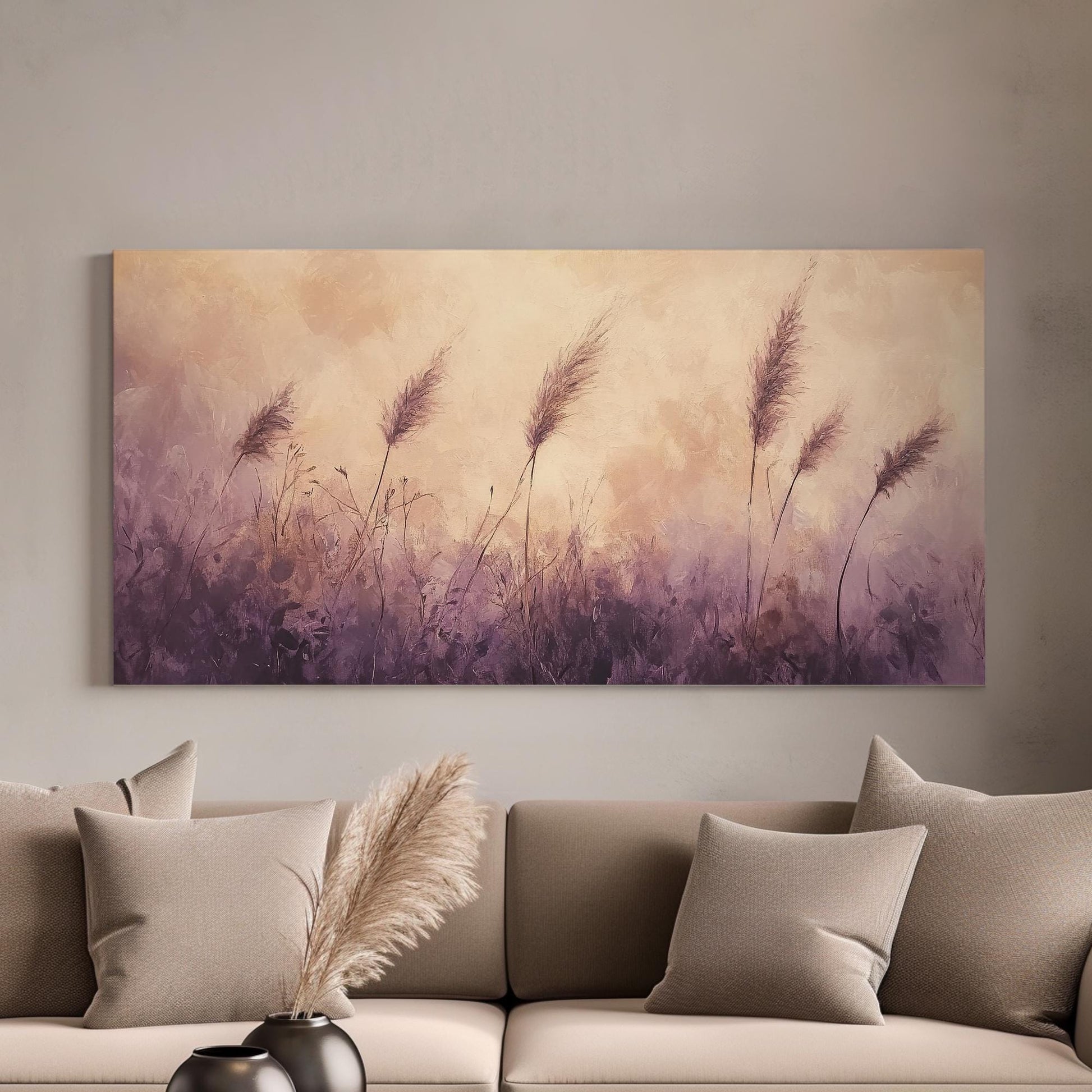 Serene Pampas Grass Canvas Art | Impasto Brushstroke Print | Bohemian Wall Art For Living Room | Mauve and Blush Art Horizontal Art
