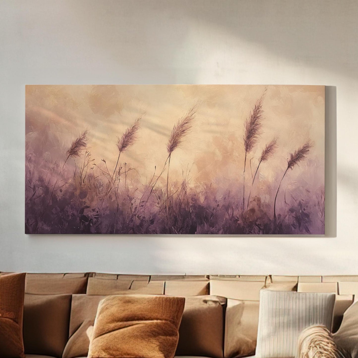 Serene Pampas Grass Canvas Art | Impasto Brushstroke Print | Bohemian Wall Art For Living Room | Mauve and Blush Art Horizontal Art