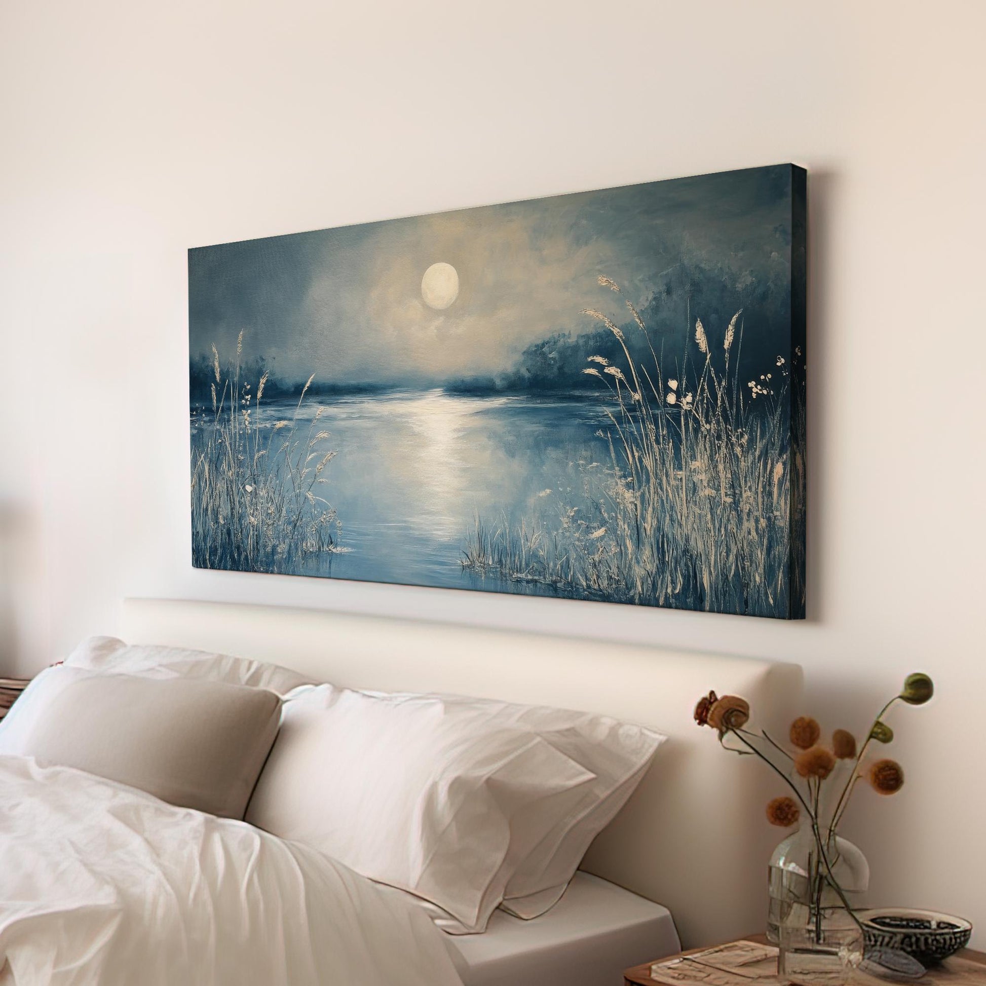 Serene Moonlit Lake Canvas Art | Impasto Textural Print | Tranquil Coastal Wall Art For Living Room | Silver Blue Water Art Horizontal Art