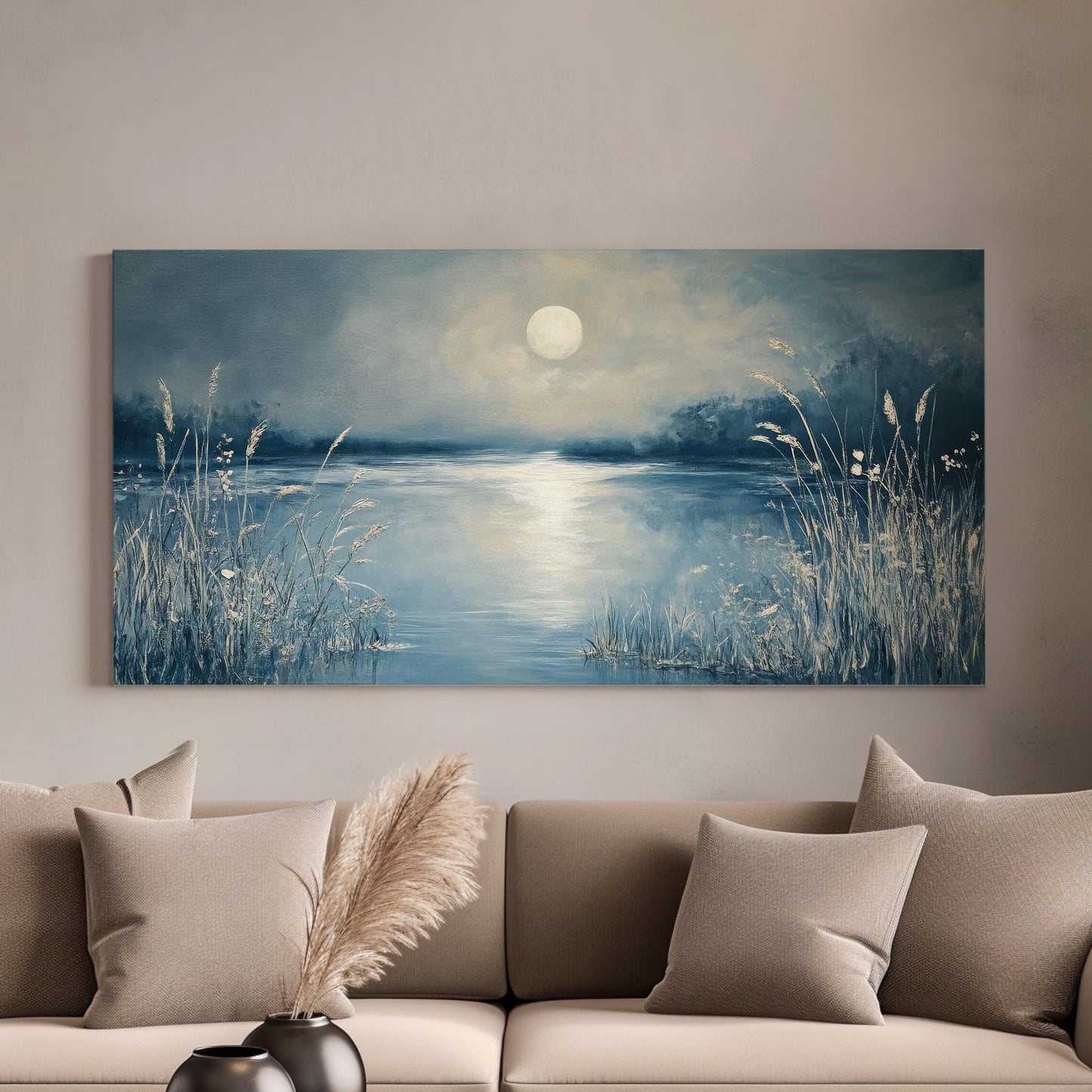 Serene Moonlit Lake Canvas Art | Impasto Textural Print | Tranquil Coastal Wall Art For Living Room | Silver Blue Water Art Horizontal Art