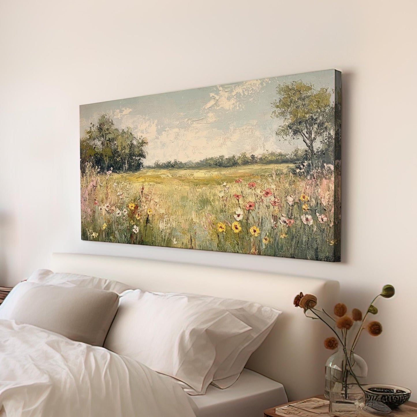 Serene Meadow Landscape Canvas Art | Impasto Floral Print | Transitional Wall Art For Living Room | Wheatfield Hues Art Horizontal Art