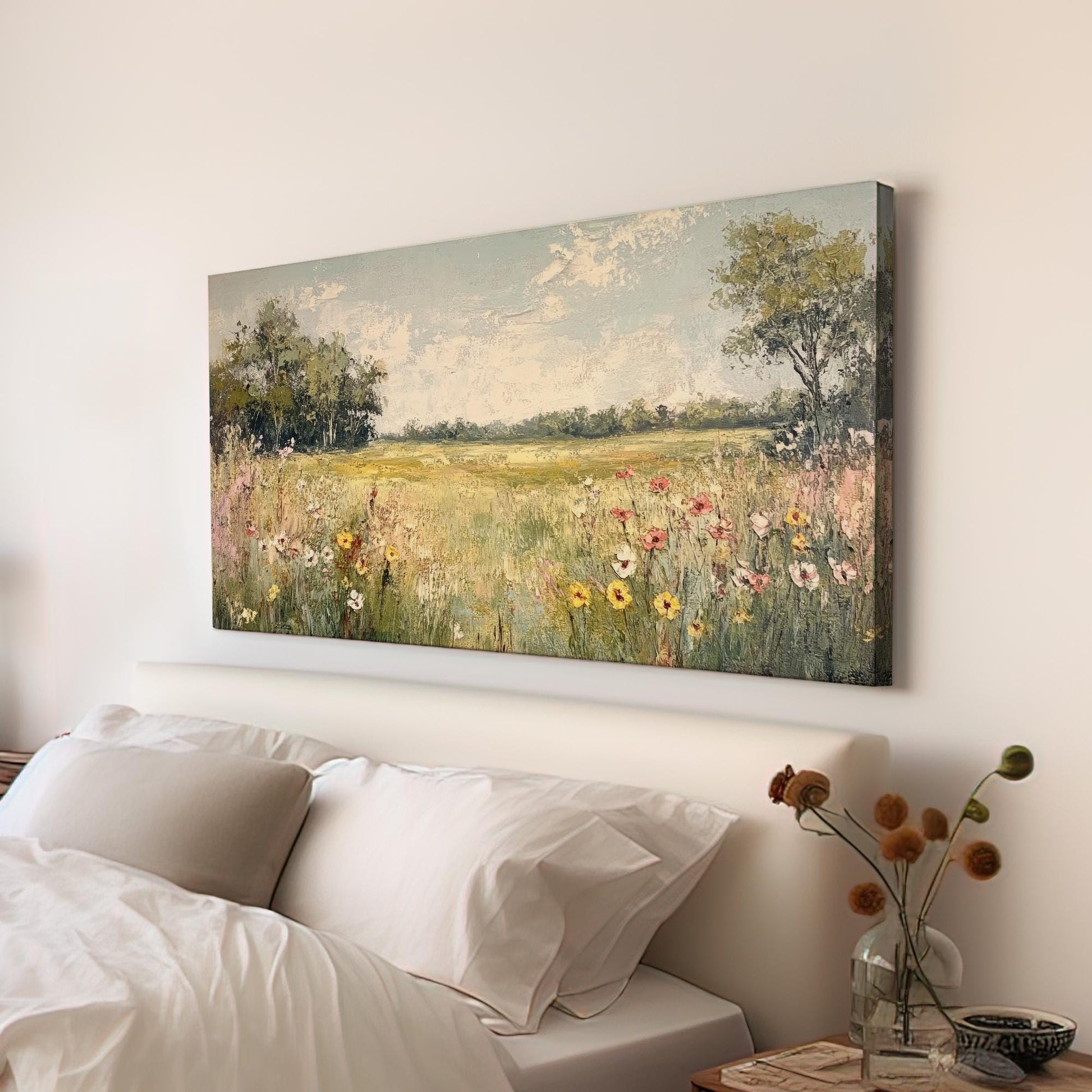 Serene Meadow Landscape Canvas Art | Impasto Floral Print | Transitional Wall Art For Living Room | Wheatfield Hues Art Horizontal Art