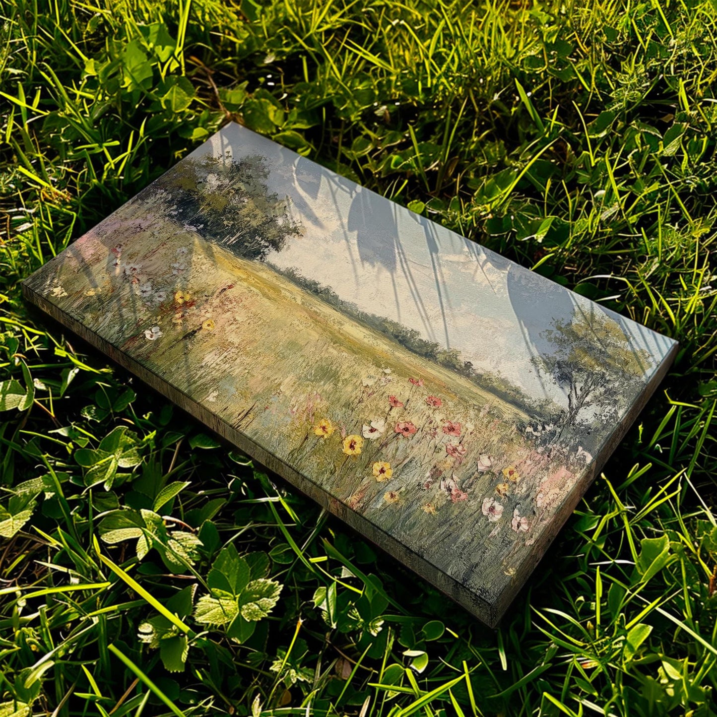 Serene Meadow Landscape Canvas Art | Impasto Floral Print | Transitional Wall Art For Living Room | Wheatfield Hues Art Horizontal Art