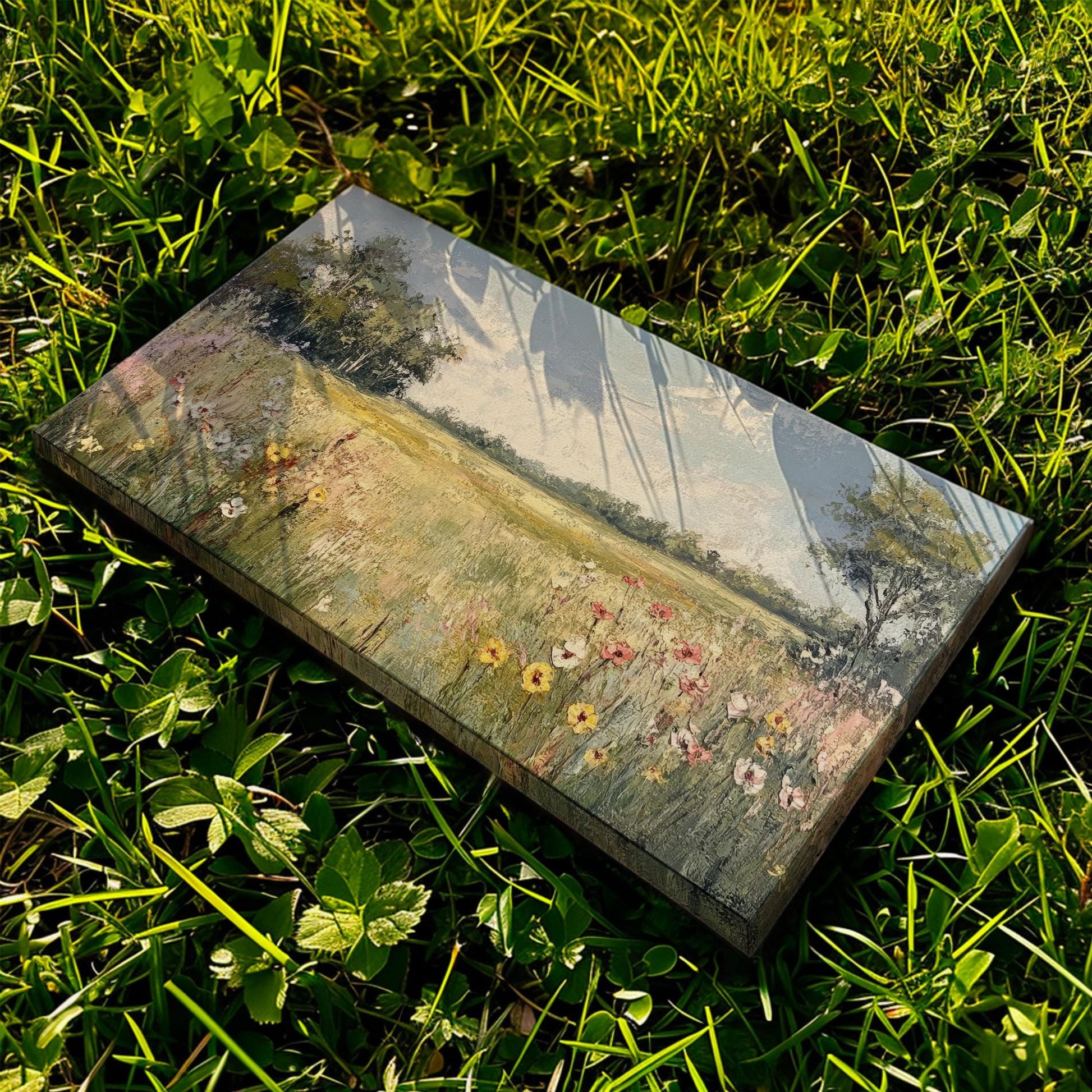 Serene Meadow Landscape Canvas Art | Impasto Floral Print | Transitional Wall Art For Living Room | Wheatfield Hues Art Horizontal Art