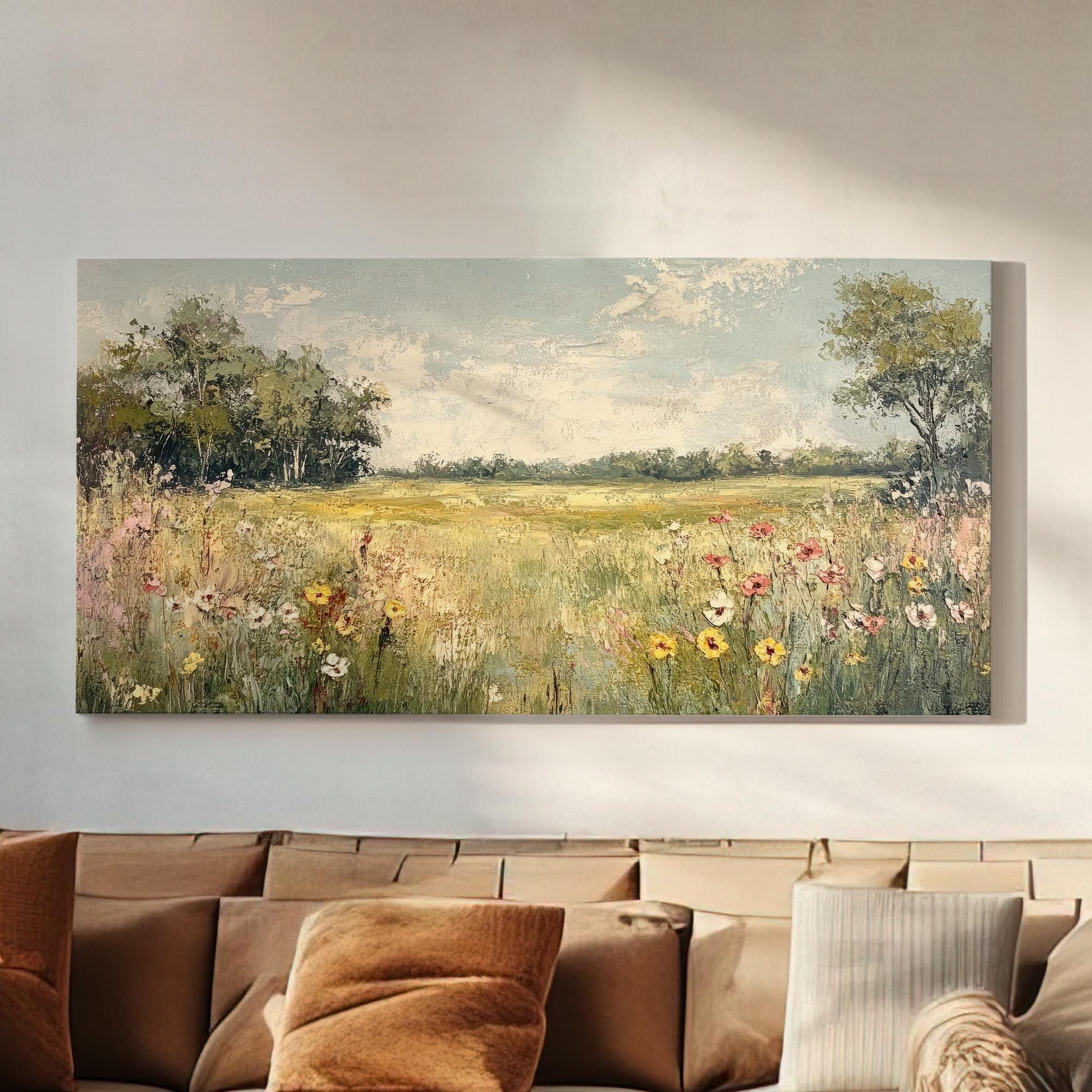 Serene Meadow Landscape Canvas Art | Impasto Floral Print | Transitional Wall Art For Living Room | Wheatfield Hues Art Horizontal Art