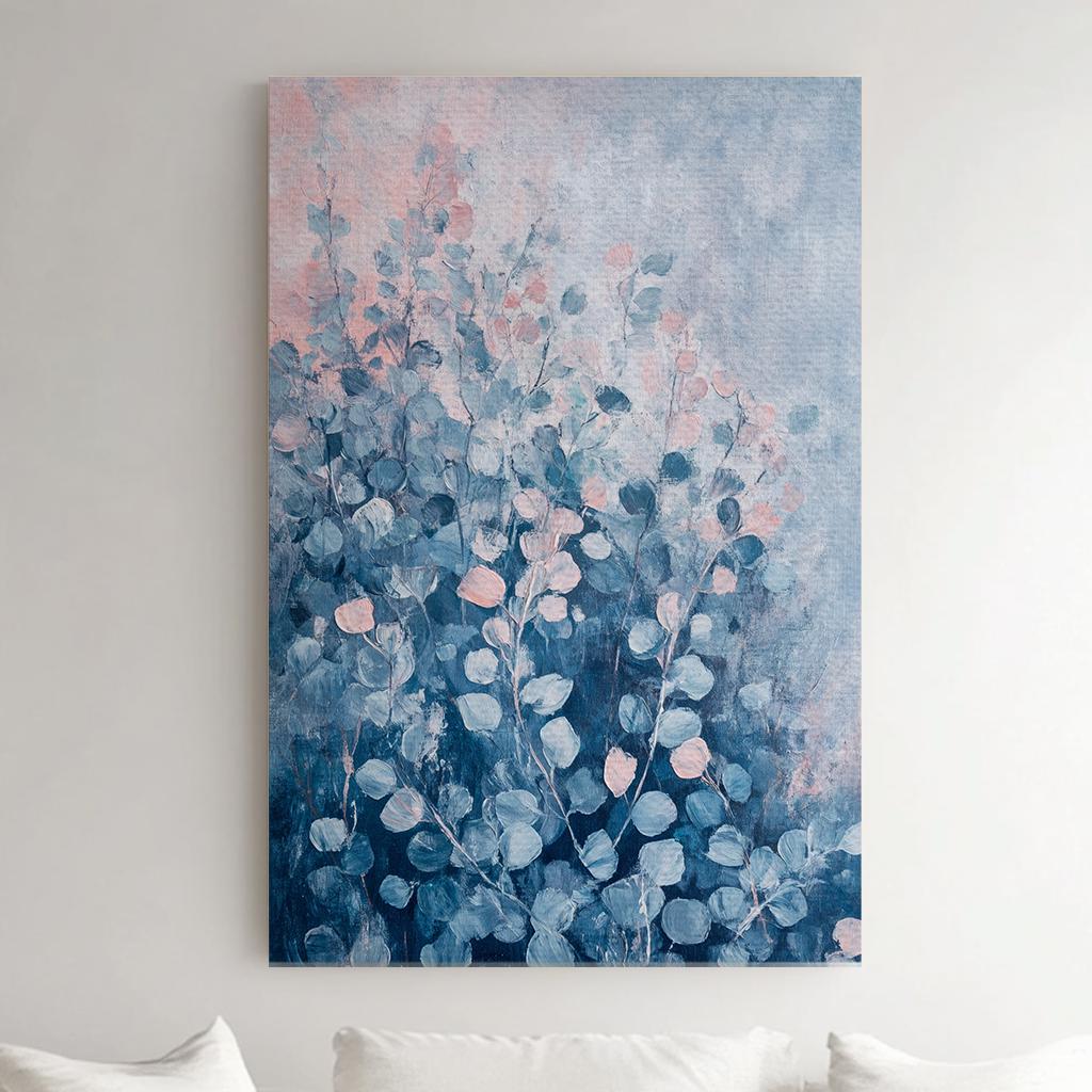 Serene Eucalyptus Botanical Canvas Art | Impasto Print | Tranquil Coastal Wall Art For Living Room | Powder Blue Seafoam Art Vertical Canvas