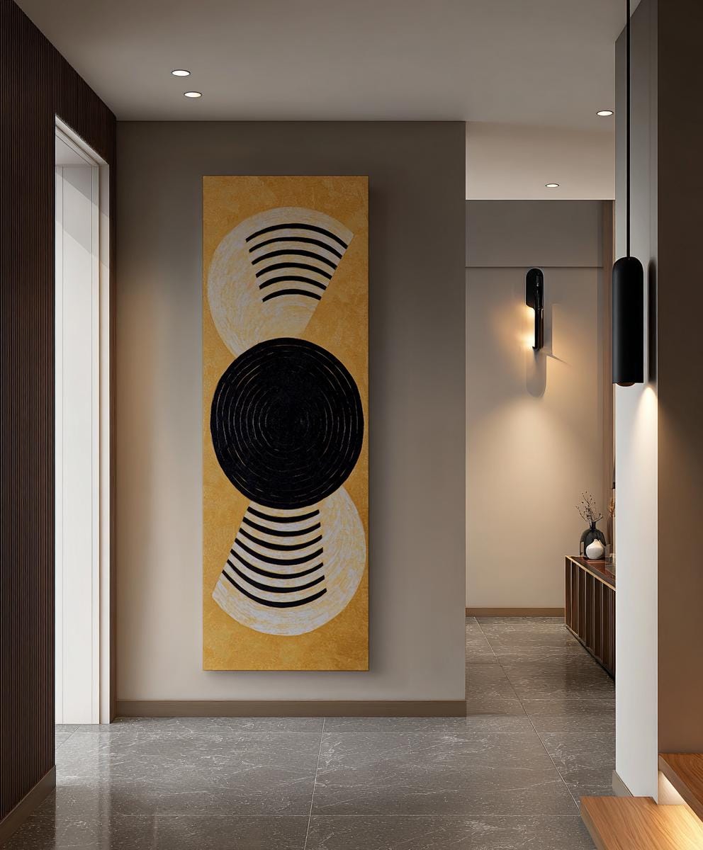 Optic Art Canvas Art | Concentric Circles Print | Mid Century Modern Wall Art For Living Room | Champagne Gold Art Long Vertical Art