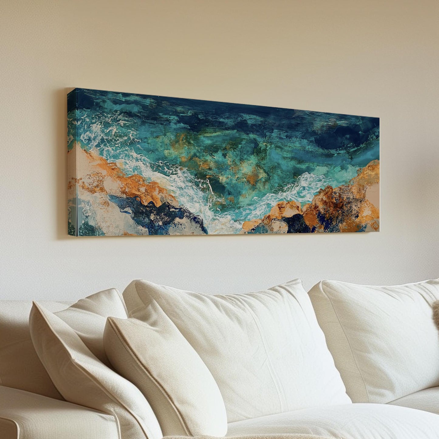 Ocean Shore Canvas Art | Impasto Textural Print | Coastal Bohemian Wall Art For Living Room | Serene Teal Sand Art Panoramic Wall Art