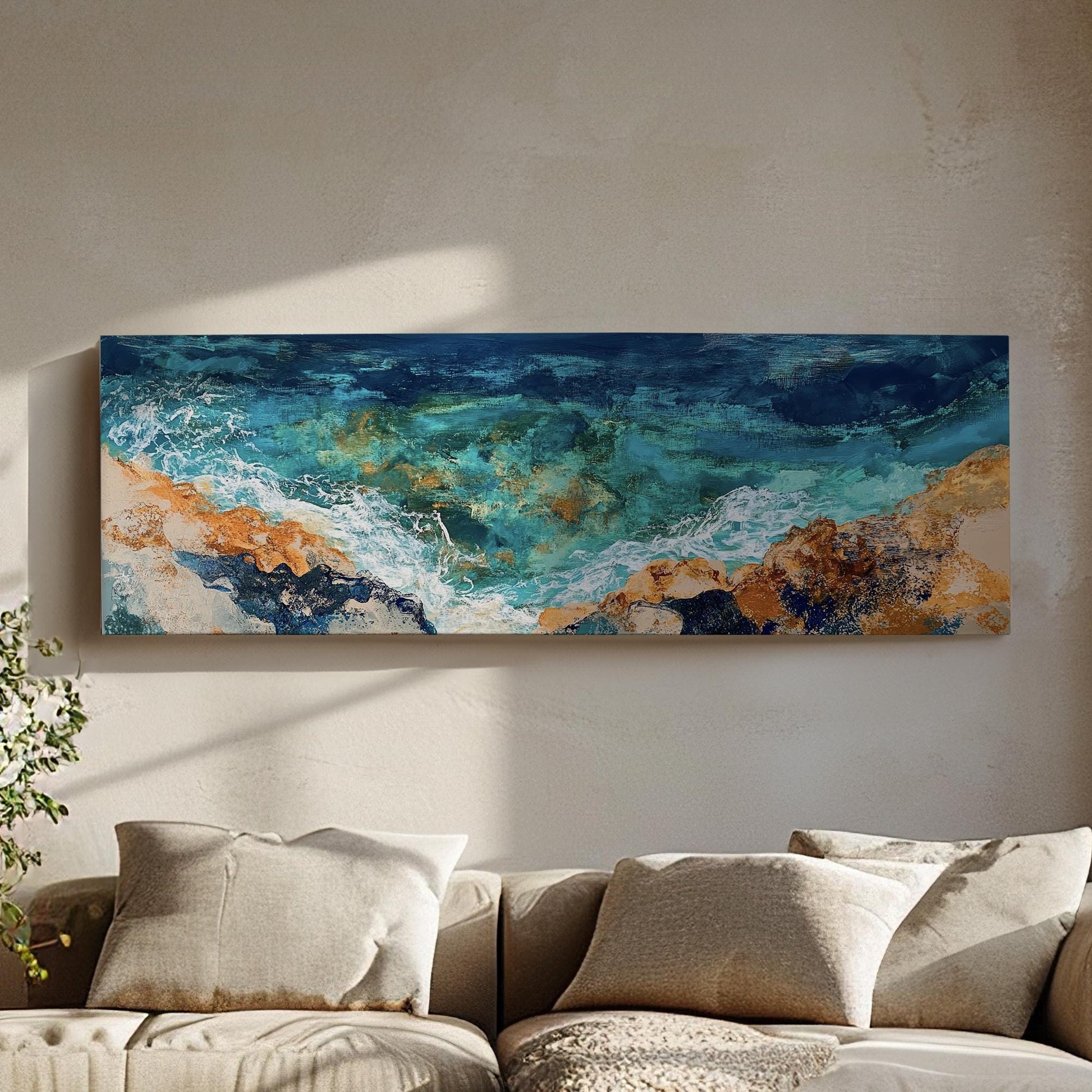Ocean Shore Canvas Art | Impasto Textural Print | Coastal Bohemian Wall Art For Living Room | Serene Teal Sand Art Panoramic Wall Art