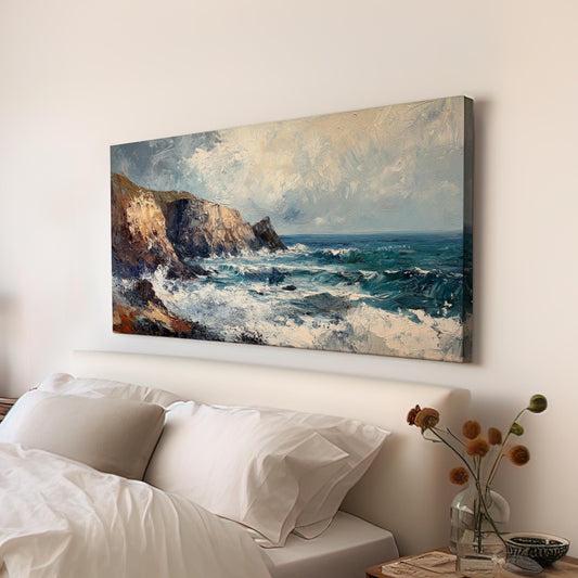Ocean Cliff Canvas Art | Impasto Palette Knife Print | Coastal Modern Wall Art For Living Room | Seafoam Oyster Art Horizontal Art