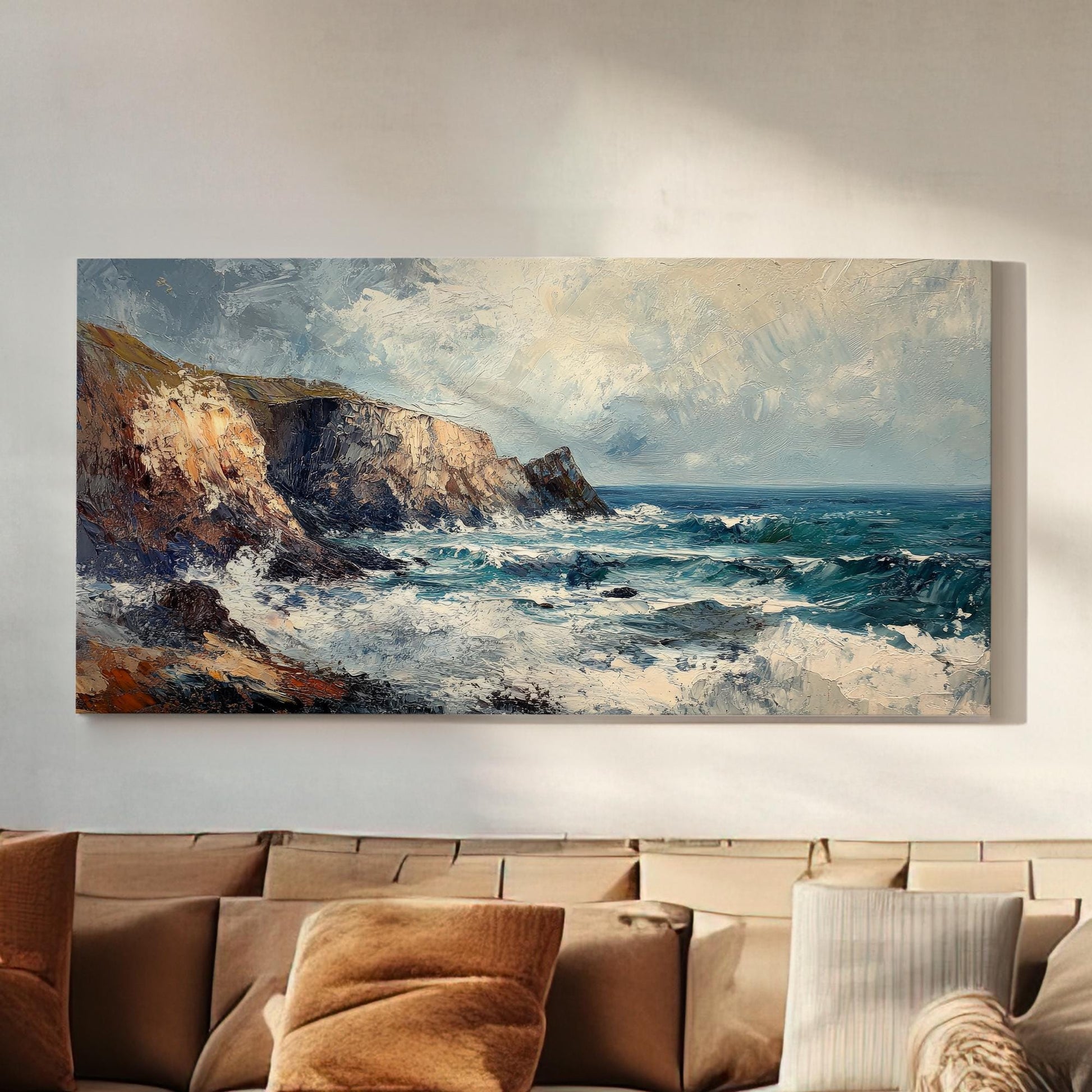 Ocean Cliff Canvas Art | Impasto Palette Knife Print | Coastal Modern Wall Art For Living Room | Seafoam Oyster Art Horizontal Art