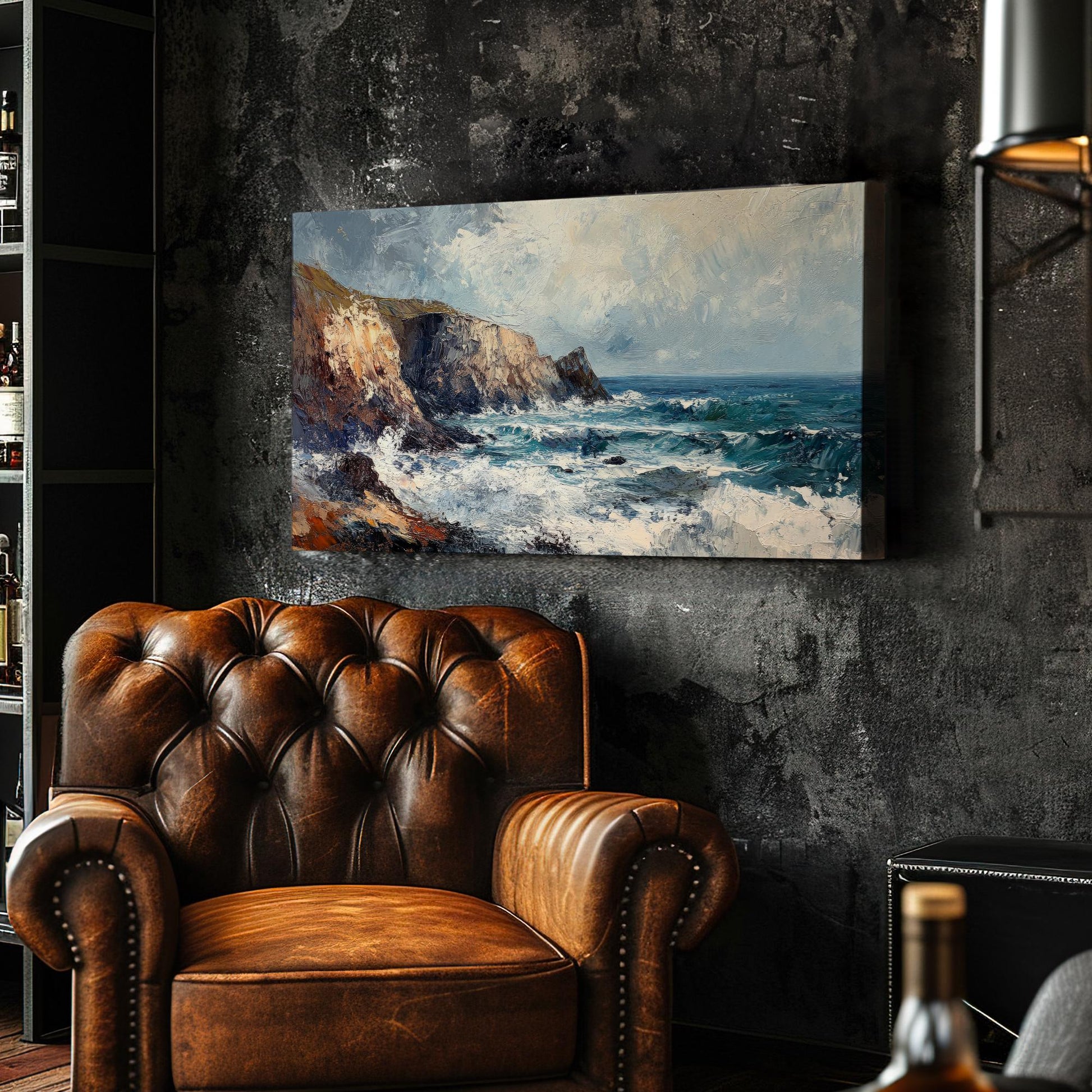 Ocean Cliff Canvas Art | Impasto Palette Knife Print | Coastal Modern Wall Art For Living Room | Seafoam Oyster Art Horizontal Art