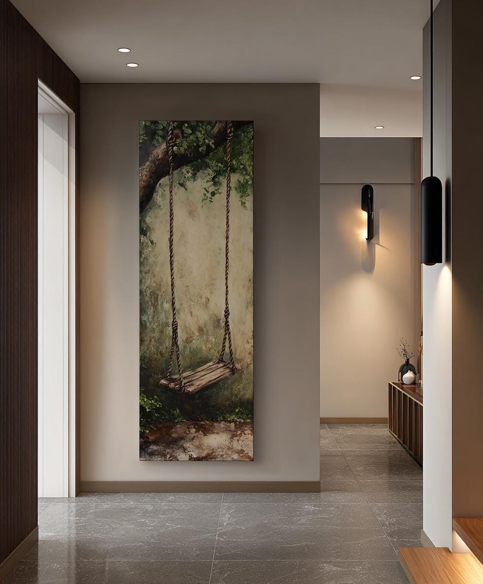 Nostalgia Inducing Swing Canvas Art | Impasto Textural Print | Tranquil Bohemian Wall Art For Living Room Long Vertical Art