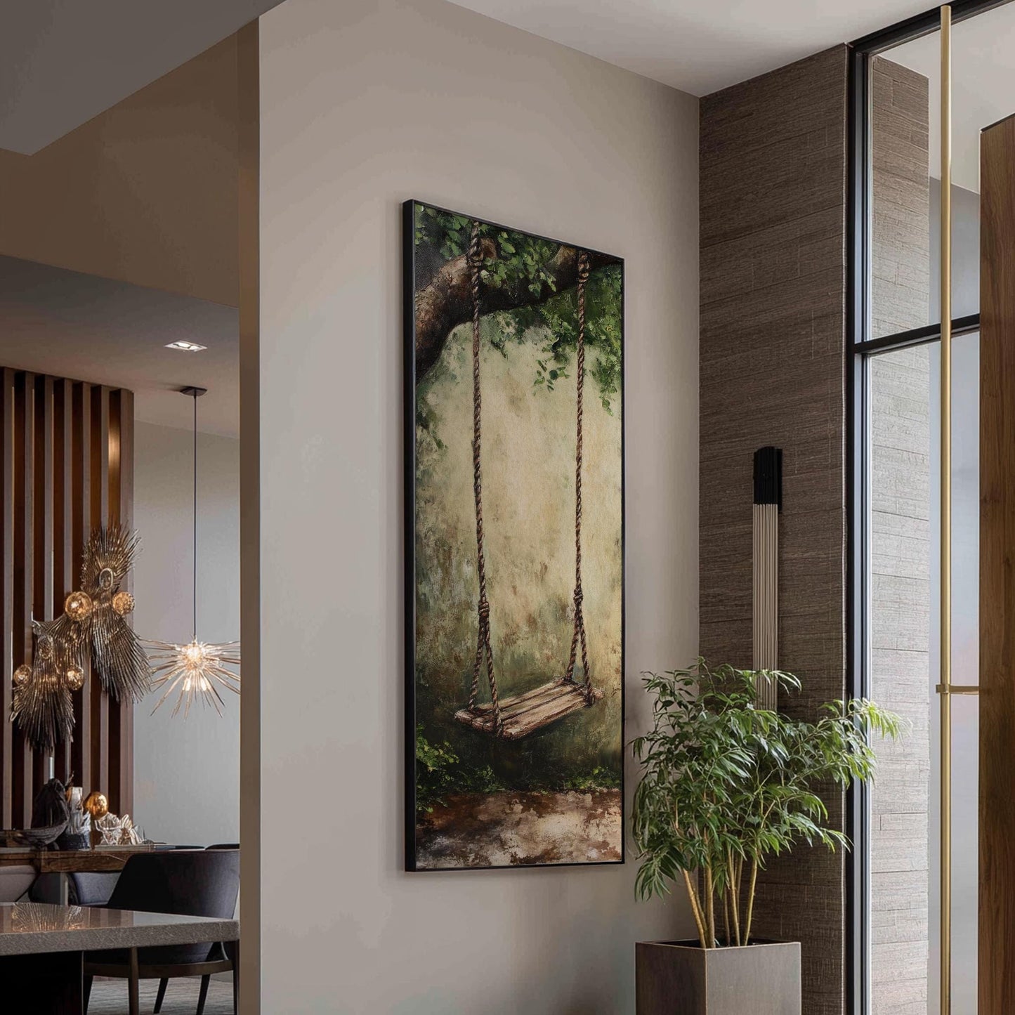 Nostalgia Inducing Swing Canvas Art | Impasto Textural Print | Tranquil Bohemian Wall Art For Living Room Long Vertical Art
