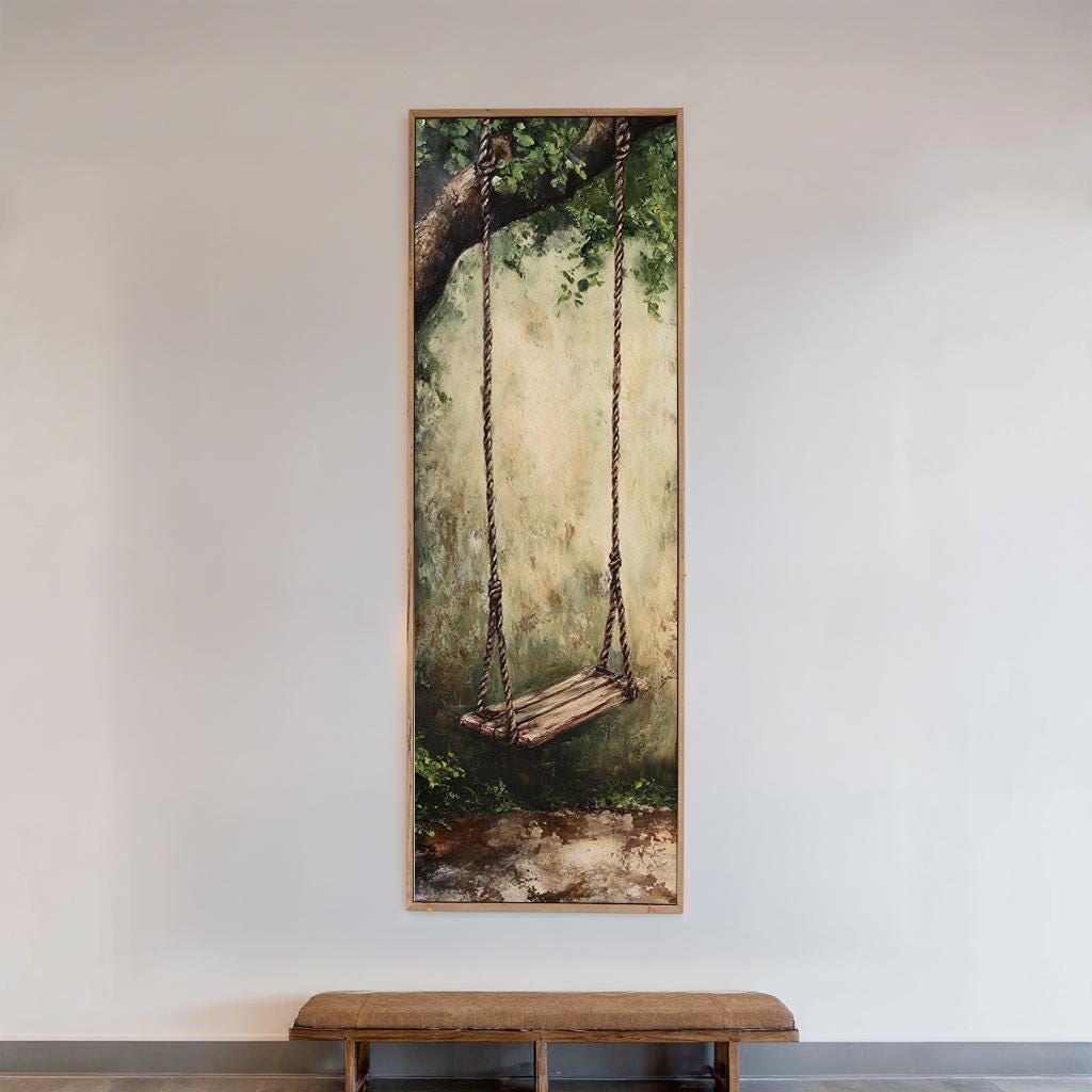 Nostalgia Inducing Swing Canvas Art | Impasto Textural Print | Tranquil Bohemian Wall Art For Living Room Long Vertical Art