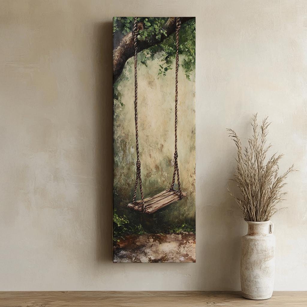 Nostalgia Inducing Swing Canvas Art | Impasto Textural Print | Tranquil Bohemian Wall Art For Living Room Long Vertical Art