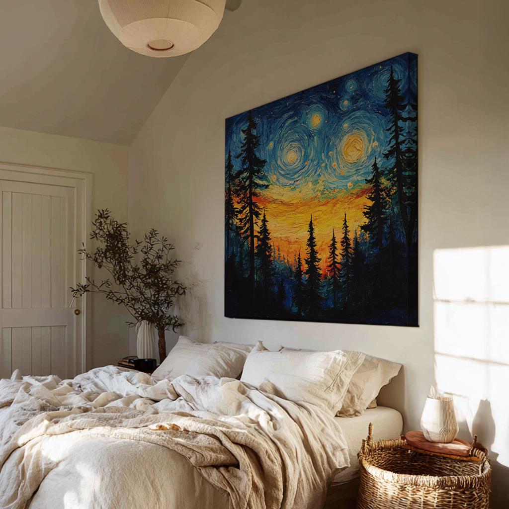 Nocturne Forest Canvas Art | Impasto Print | Bohemian Wall Art For Living Room | Sunset Amber Art | Modern Eclectic Decor Square Canvas Art