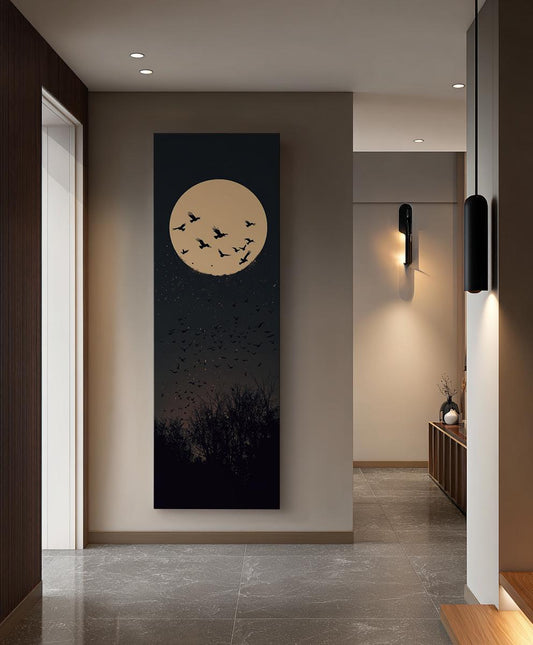Nocturnal Avian Migration Canvas Art | Silhouette Print | Bohemian Wall Art For Living Room | Moonlit Ember Art Long Vertical Art