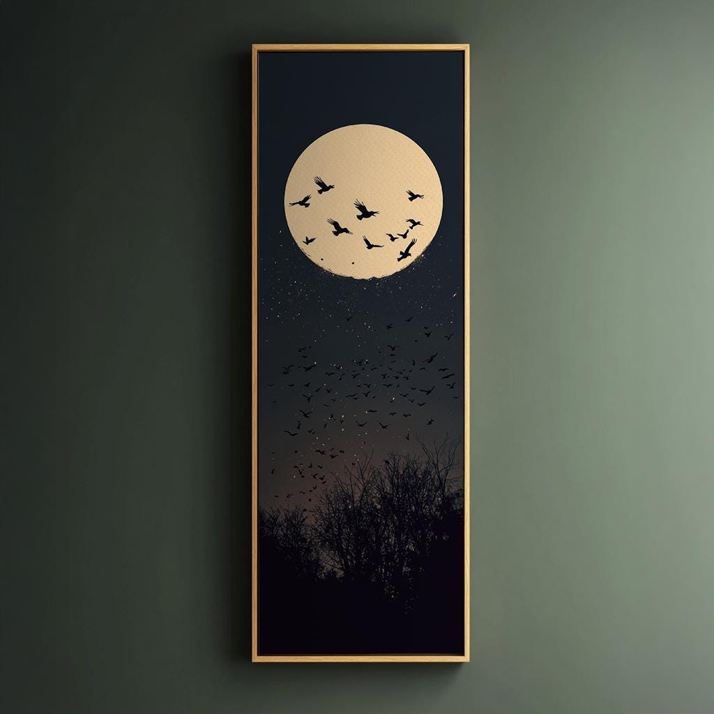 Nocturnal Avian Migration Canvas Art | Silhouette Print | Bohemian Wall Art For Living Room | Moonlit Ember Art Long Vertical Art