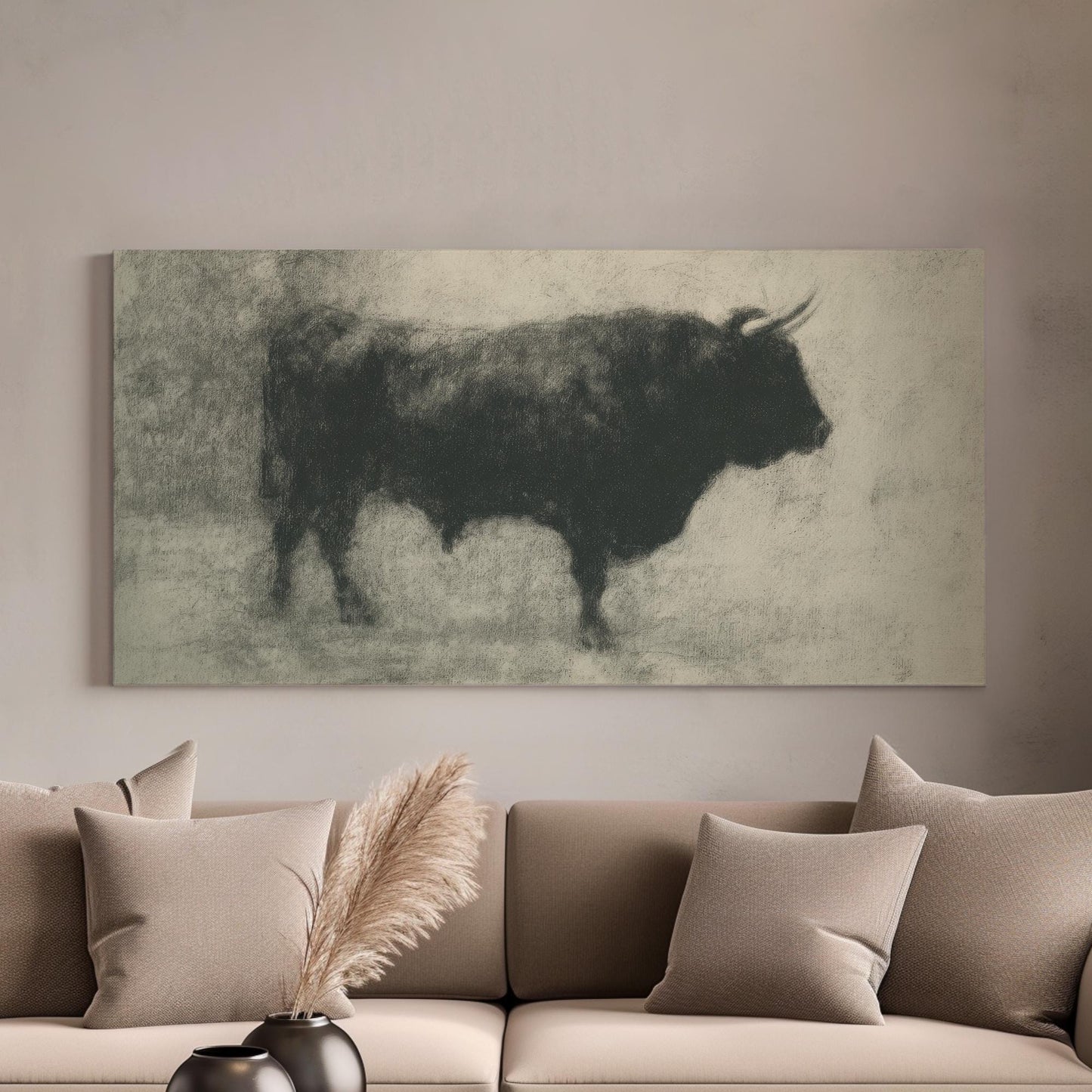 Noble Iberian Bull Canvas Art | Charcoal Sketch Print | Minimalist Wall Art For Living Room | Smoky Charcoal Art Horizontal Art