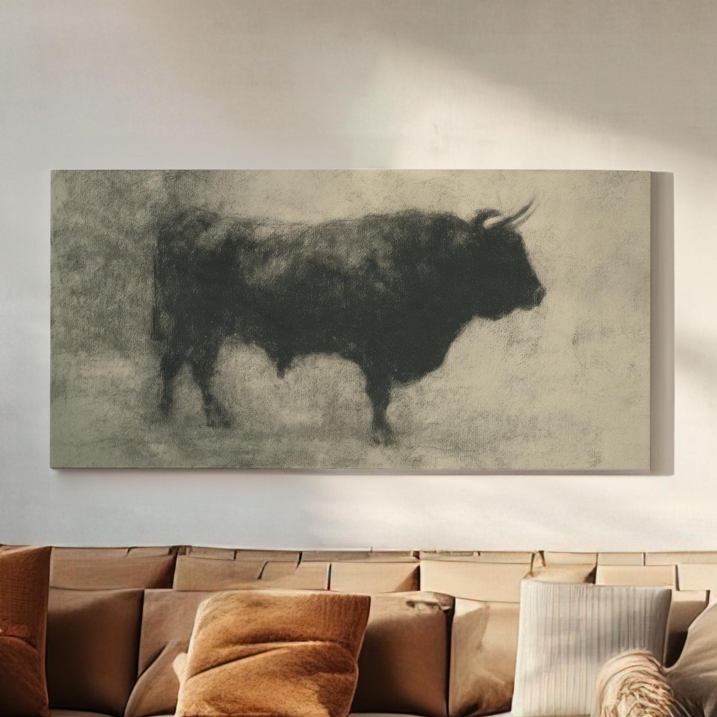 Noble Iberian Bull Canvas Art | Charcoal Sketch Print | Minimalist Wall Art For Living Room | Smoky Charcoal Art Horizontal Art