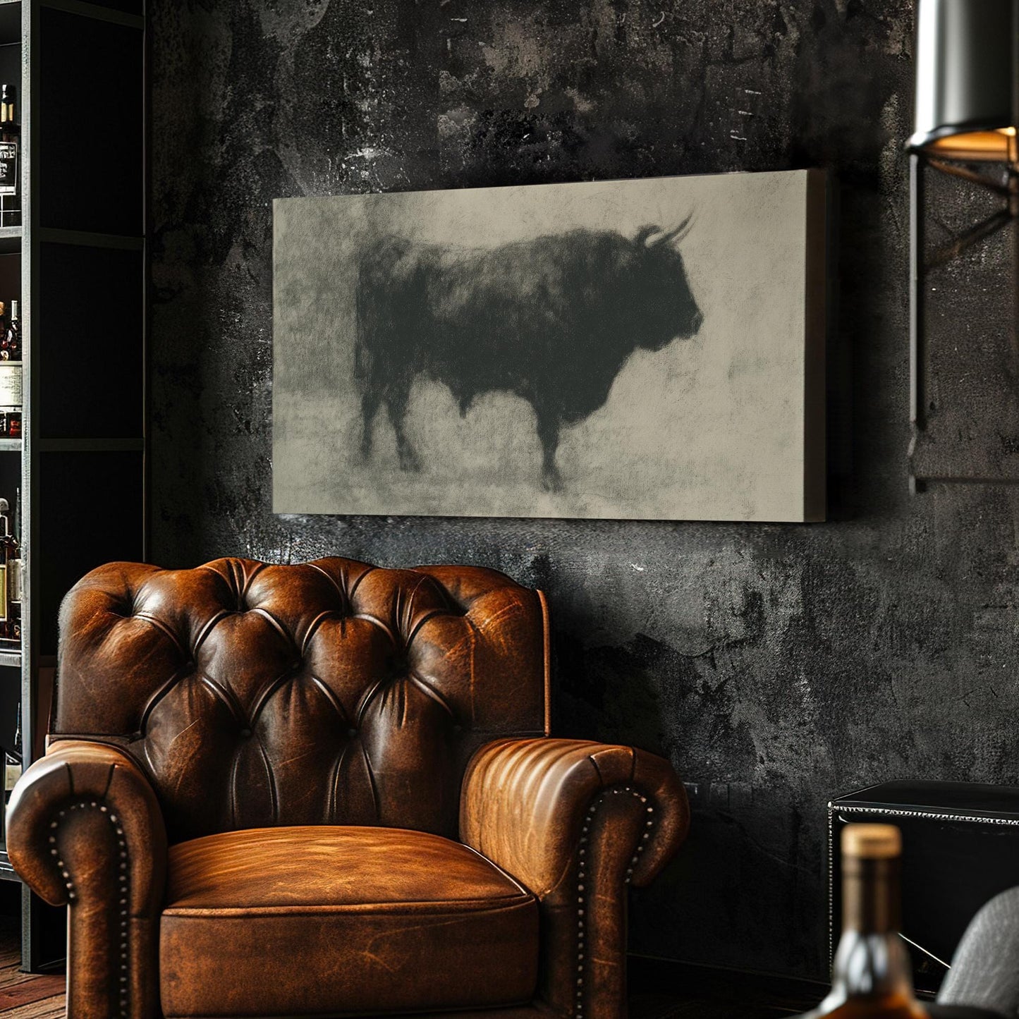 Noble Iberian Bull Canvas Art | Charcoal Sketch Print | Minimalist Wall Art For Living Room | Smoky Charcoal Art Horizontal Art