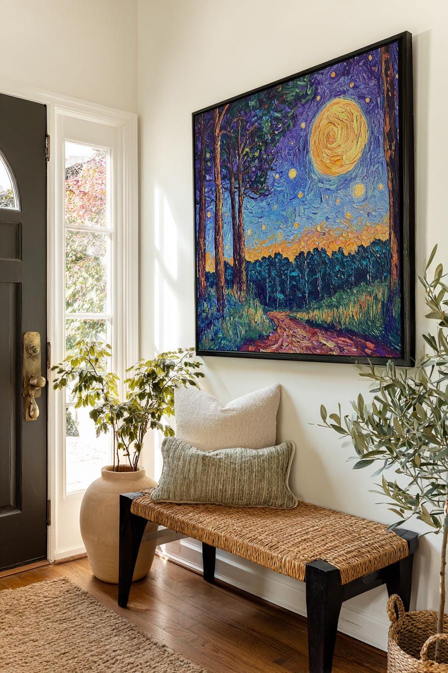 Nightfall Path Canvas Art | Impasto Print | Bohemian Wall Art For Living Room | Golden Hour Art | Tranquil Decor Square Canvas Art