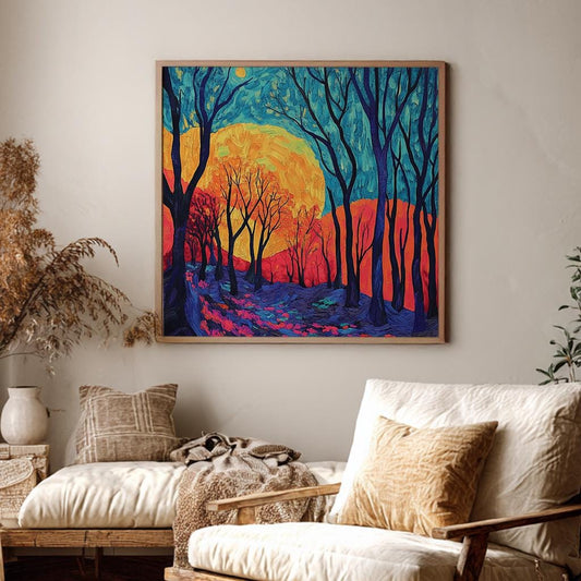 Nightfall Forest Path Canvas Art | Impasto Print | Biophilic Wall Art For Living Room | Cerulean Sunset Art Square Canvas Art
