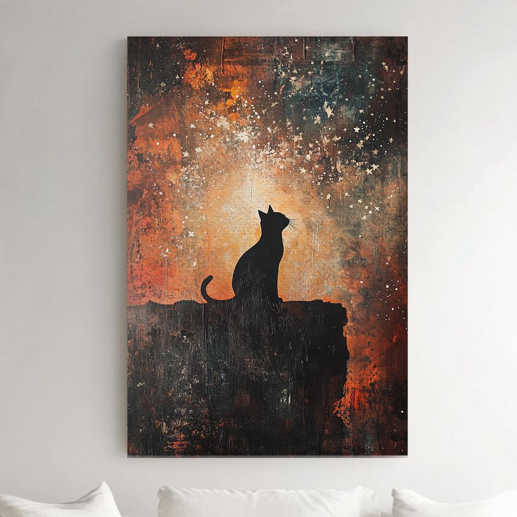 Night Watch Cat Canvas Art | Impasto Texture Print | Bohemian Wall Art For Living Room | Ember Glow Art Vertical Canvas