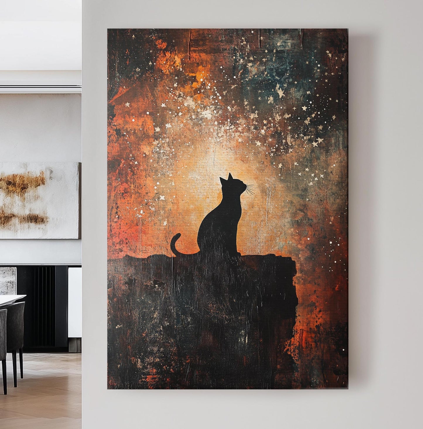 Night Watch Cat Canvas Art | Impasto Texture Print | Bohemian Wall Art For Living Room | Ember Glow Art Vertical Canvas