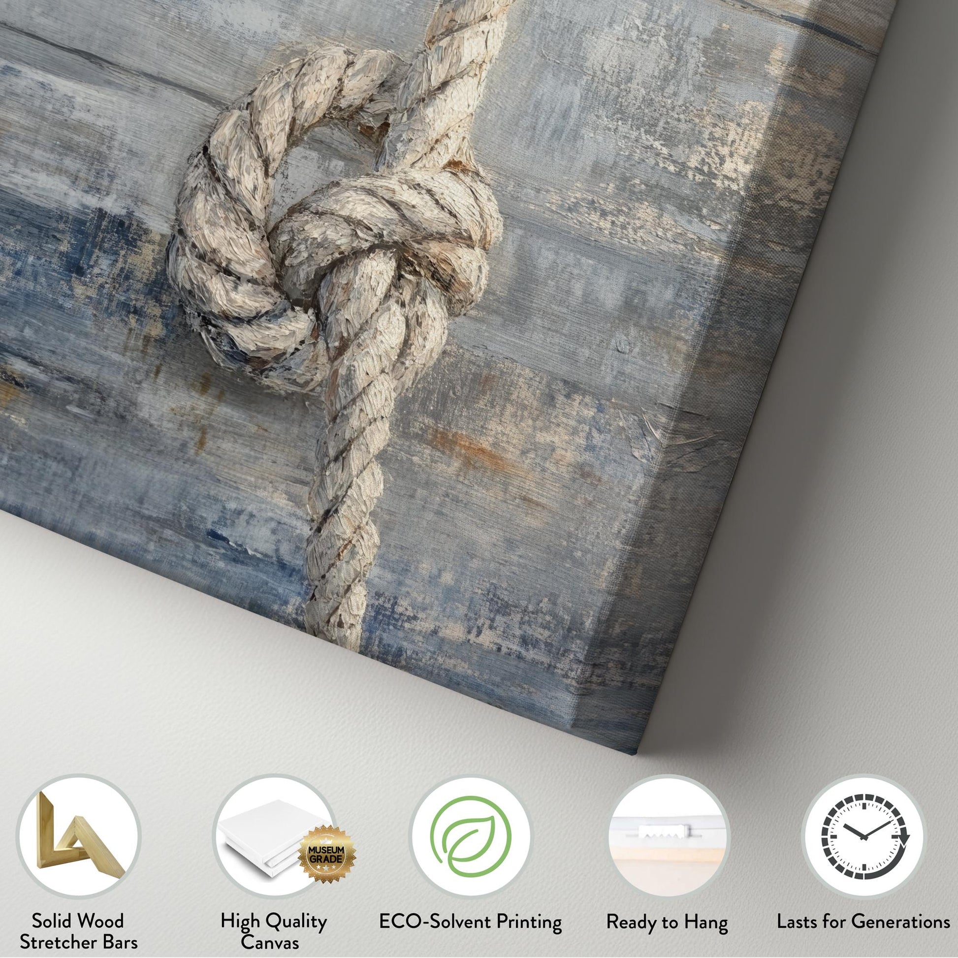 Nautical Rope Knot Canvas Art | Impasto Textured Print | Coastal Farmhouse Wall Art For Living Room | Driftwood Gray Art Vertical Canvas