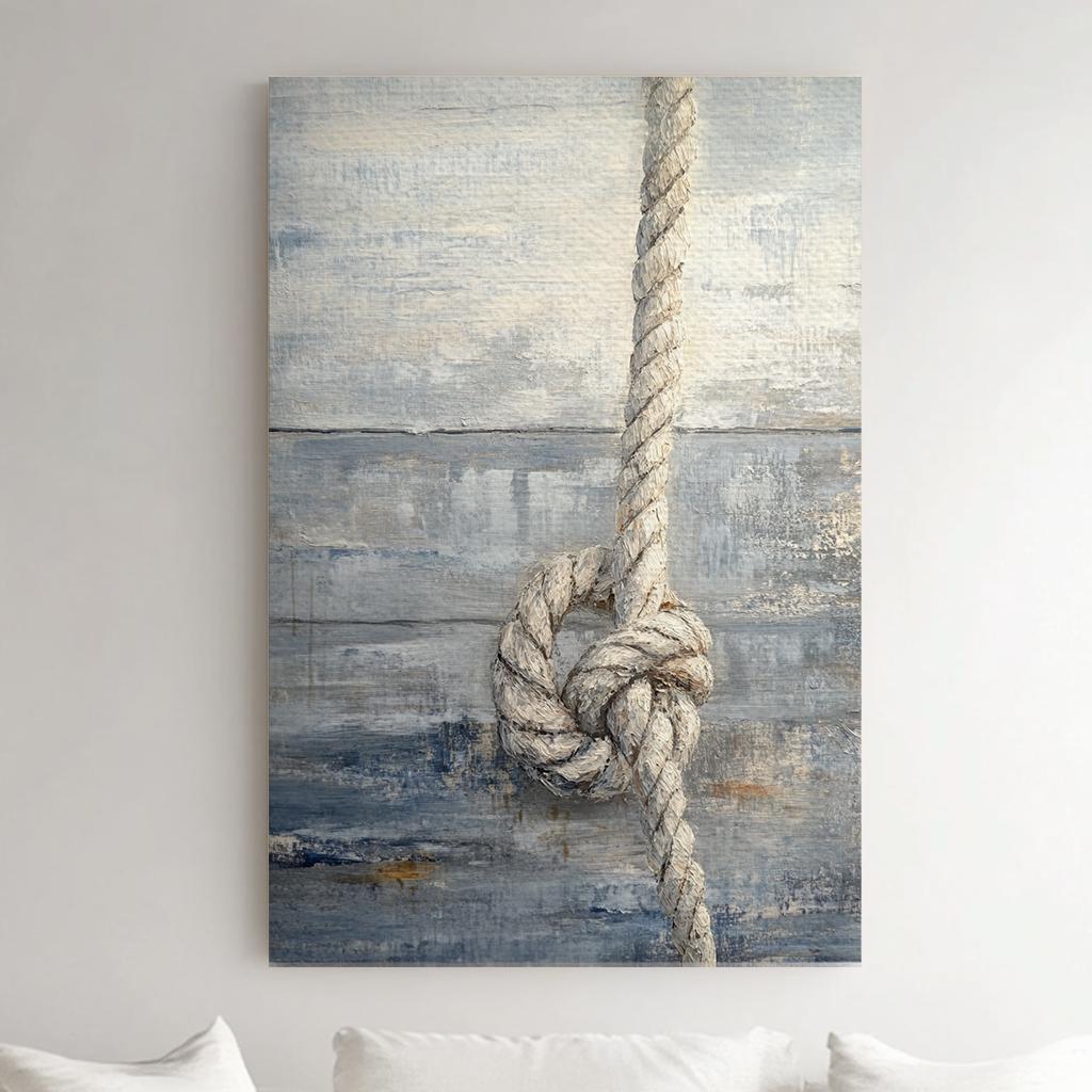 Nautical Rope Knot Canvas Art | Impasto Textured Print | Coastal Farmhouse Wall Art For Living Room | Driftwood Gray Art Vertical Canvas