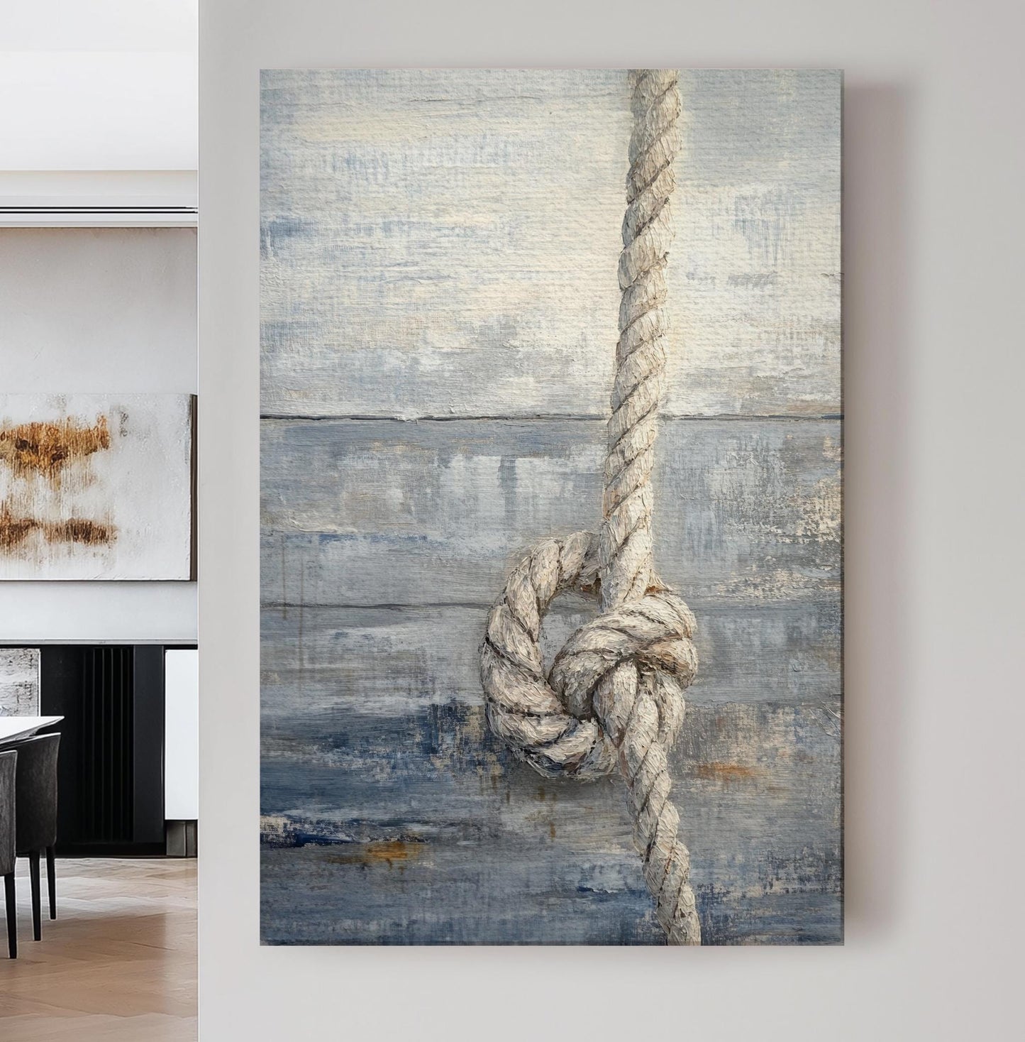Nautical Rope Knot Canvas Art | Impasto Textured Print | Coastal Farmhouse Wall Art For Living Room | Driftwood Gray Art Vertical Canvas