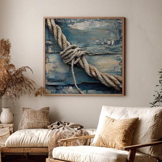 Nautical Rope Knot Canvas Art | Impasto Texture Print | Coastal Farmhouse Wall Art For Living Room | Driftwood Blue Art Square Canvas Art
