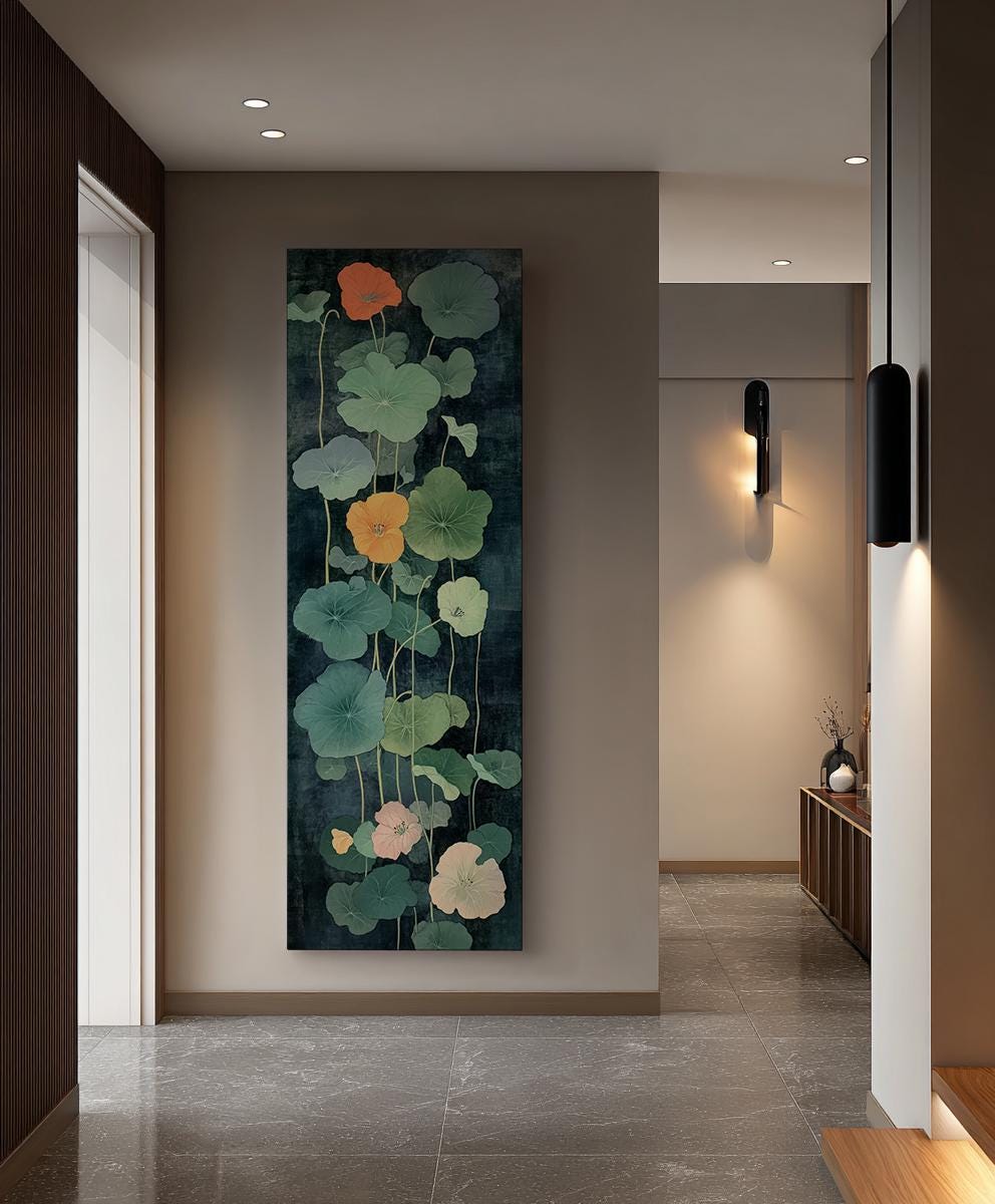 Nasturtium Botanical Canvas Art | Japanese Woodblock Print | Wabi Sabi Wall Art For Living Room | Jadeite Green Art Long Vertical Art