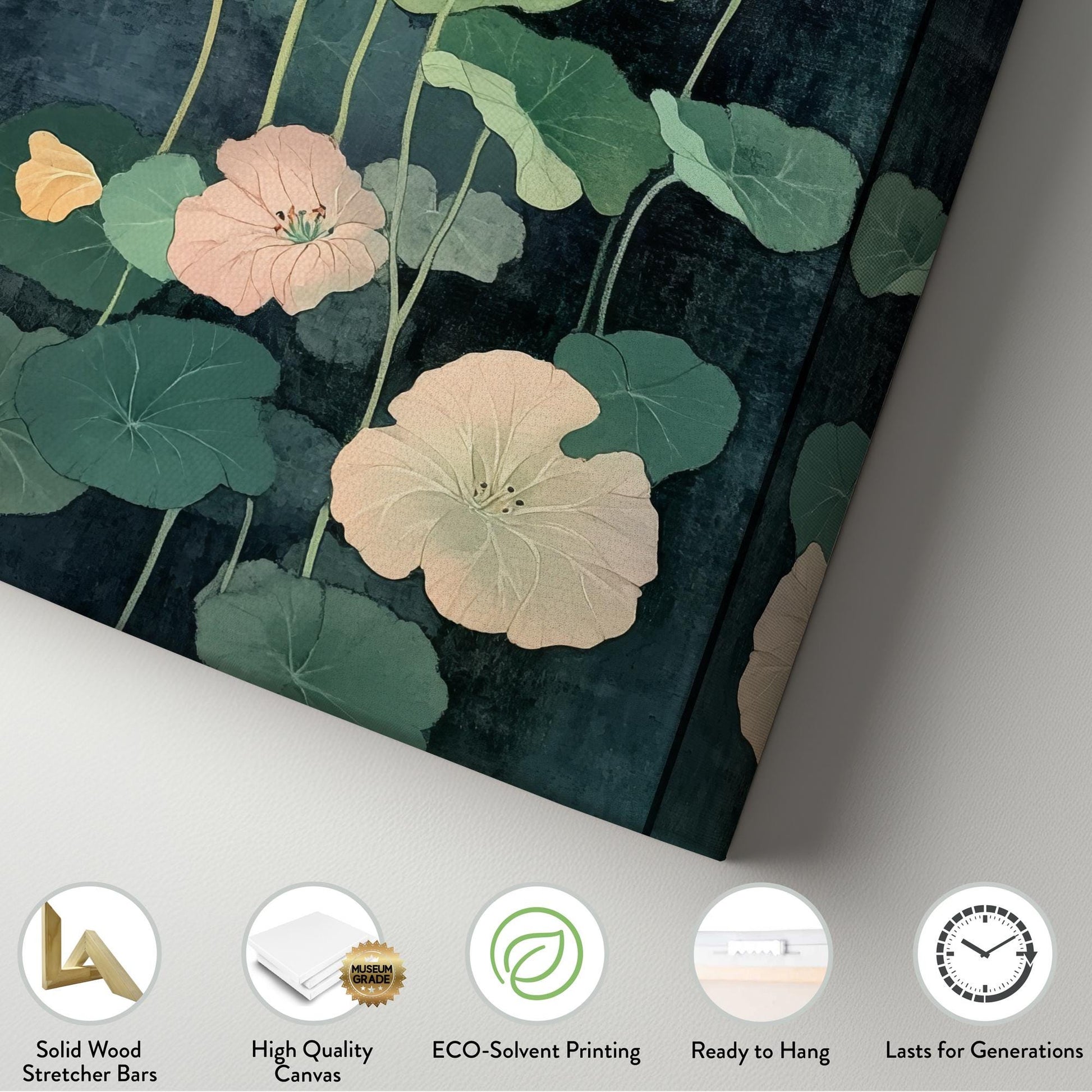 Nasturtium Botanical Canvas Art | Japanese Woodblock Print | Wabi Sabi Wall Art For Living Room | Jadeite Green Art Long Vertical Art