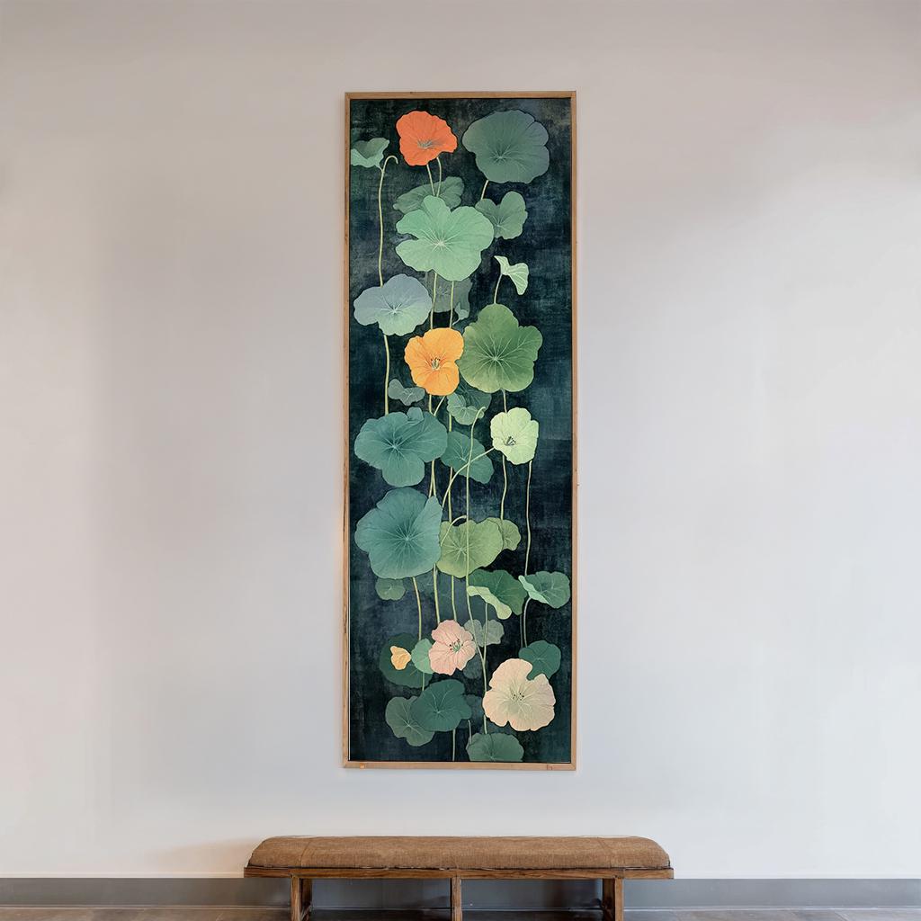 Nasturtium Botanical Canvas Art | Japanese Woodblock Print | Wabi Sabi Wall Art For Living Room | Jadeite Green Art Long Vertical Art