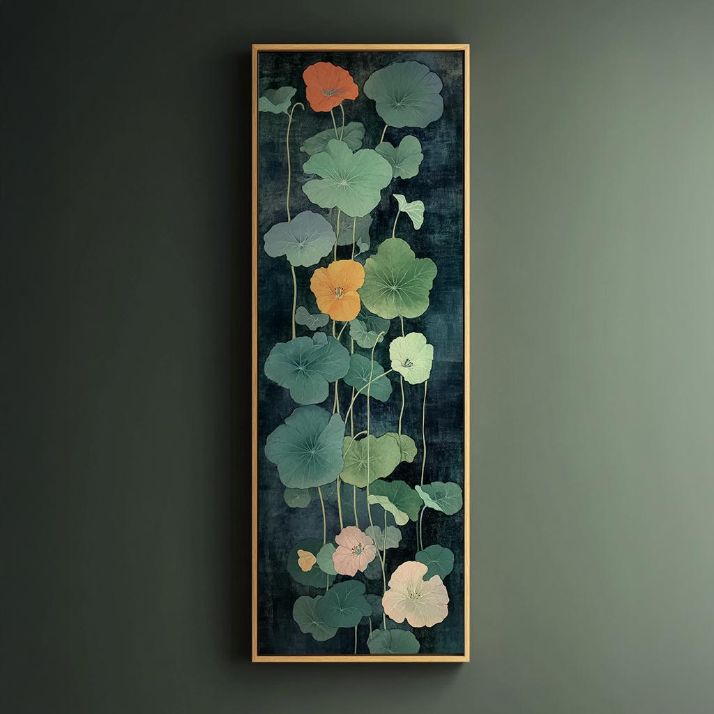 Nasturtium Botanical Canvas Art | Japanese Woodblock Print | Wabi Sabi Wall Art For Living Room | Jadeite Green Art Long Vertical Art