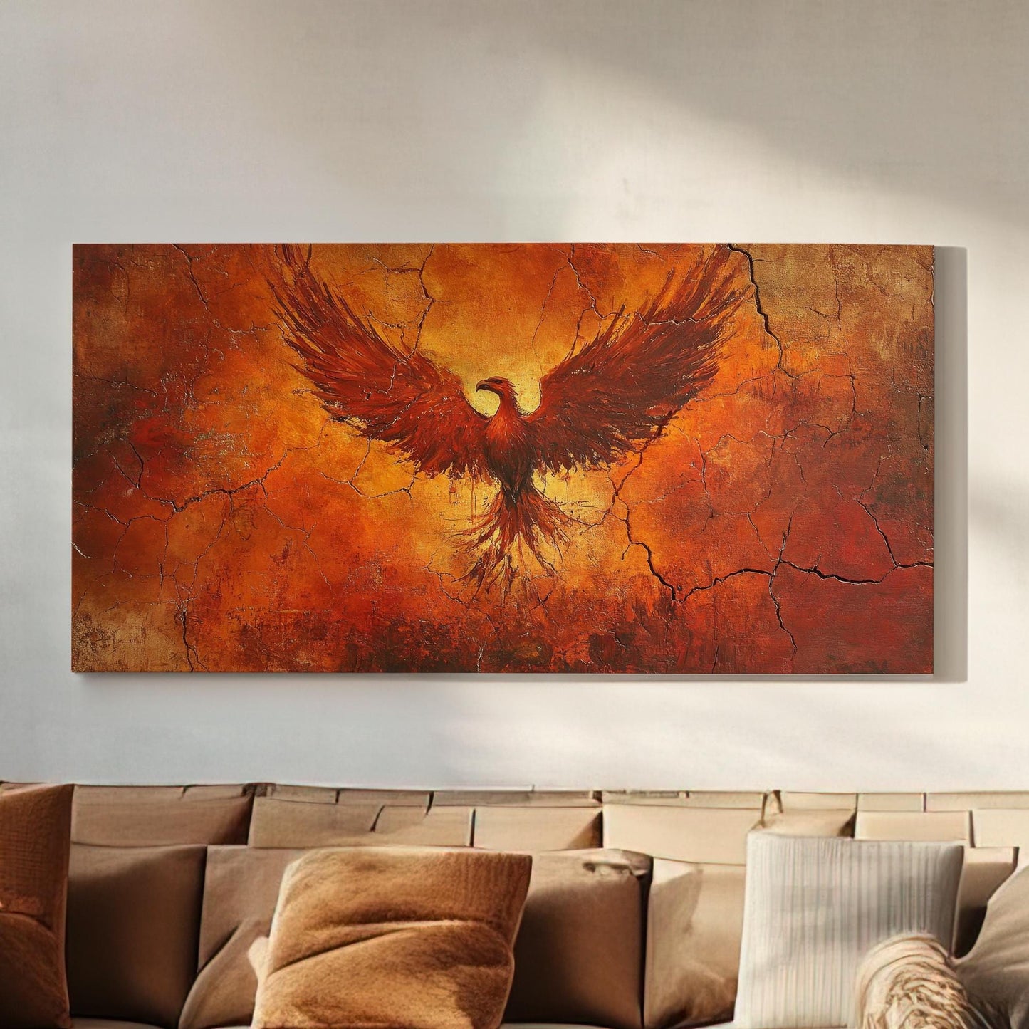 Mythical Phoenix Canvas Art | Impasto Textural Print | Bohemian Wall Art For Living Room | Fiery Ember Art Horizontal Art