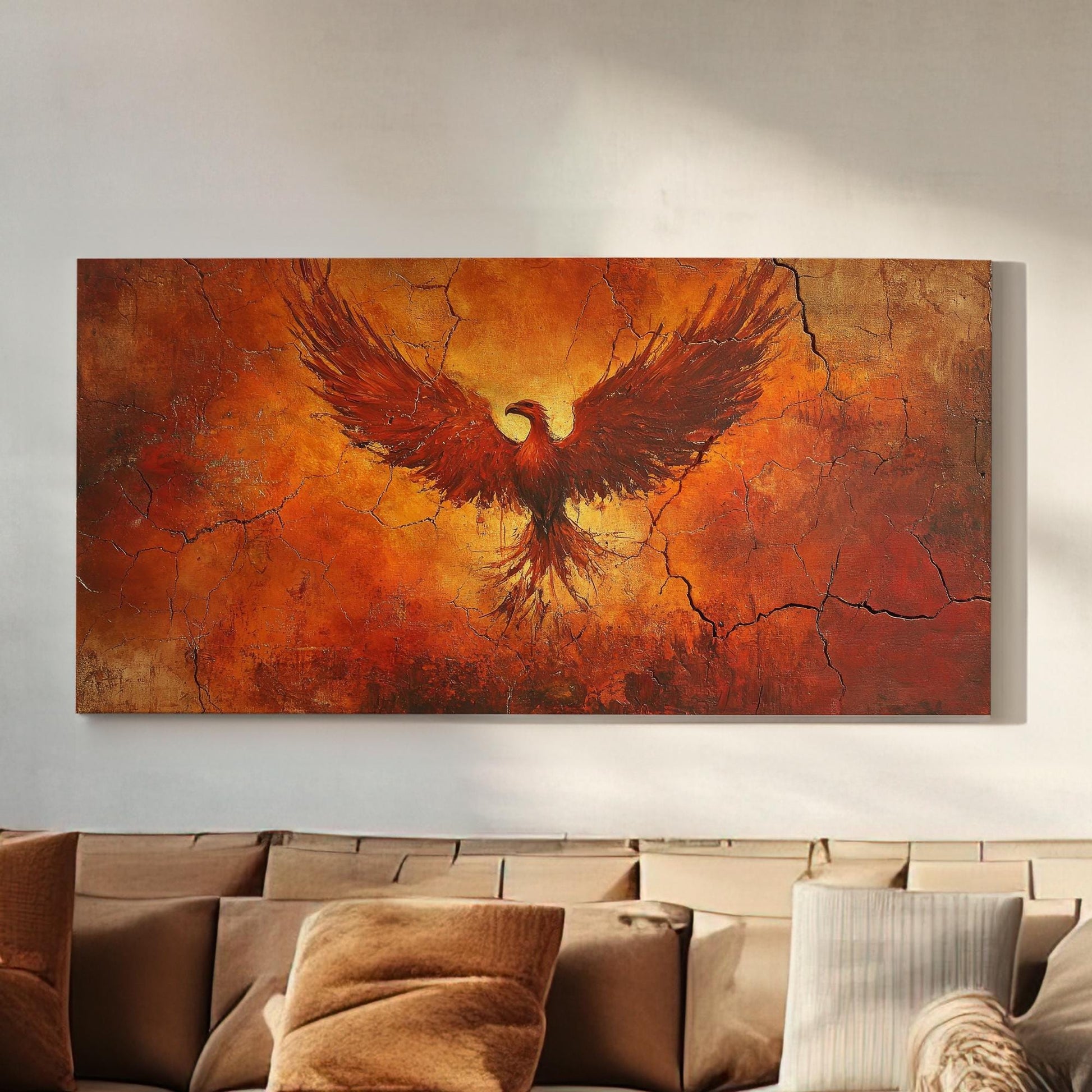 Mythical Phoenix Canvas Art | Impasto Textural Print | Bohemian Wall Art For Living Room | Fiery Ember Art Horizontal Art