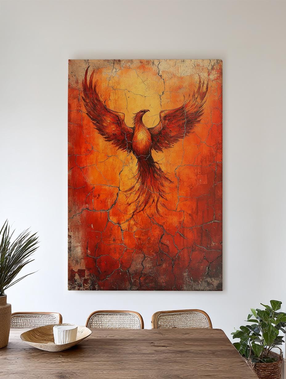Mythical Phoenix Canvas Art | Impasto Print | Bohemian Wall Art For Living Room | Fiery Sienna Art Vertical Canvas