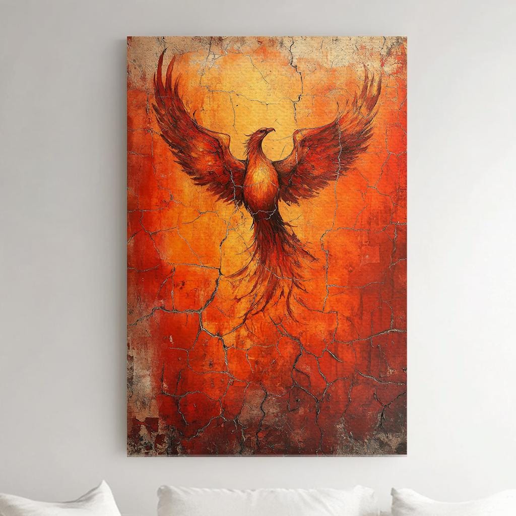 Mythical Phoenix Canvas Art | Impasto Print | Bohemian Wall Art For Living Room | Fiery Sienna Art Vertical Canvas