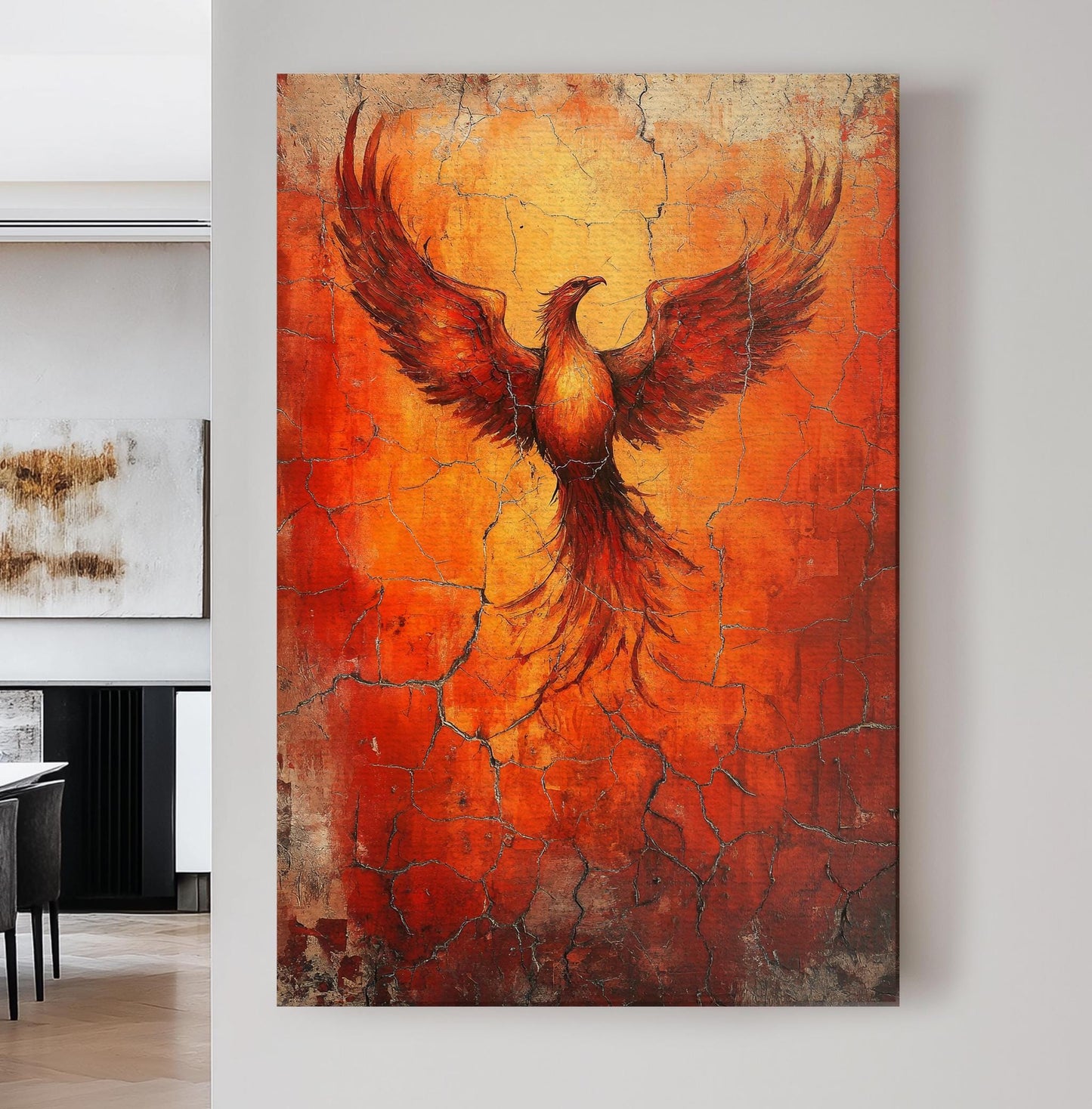 Mythical Phoenix Canvas Art | Impasto Print | Bohemian Wall Art For Living Room | Fiery Sienna Art Vertical Canvas