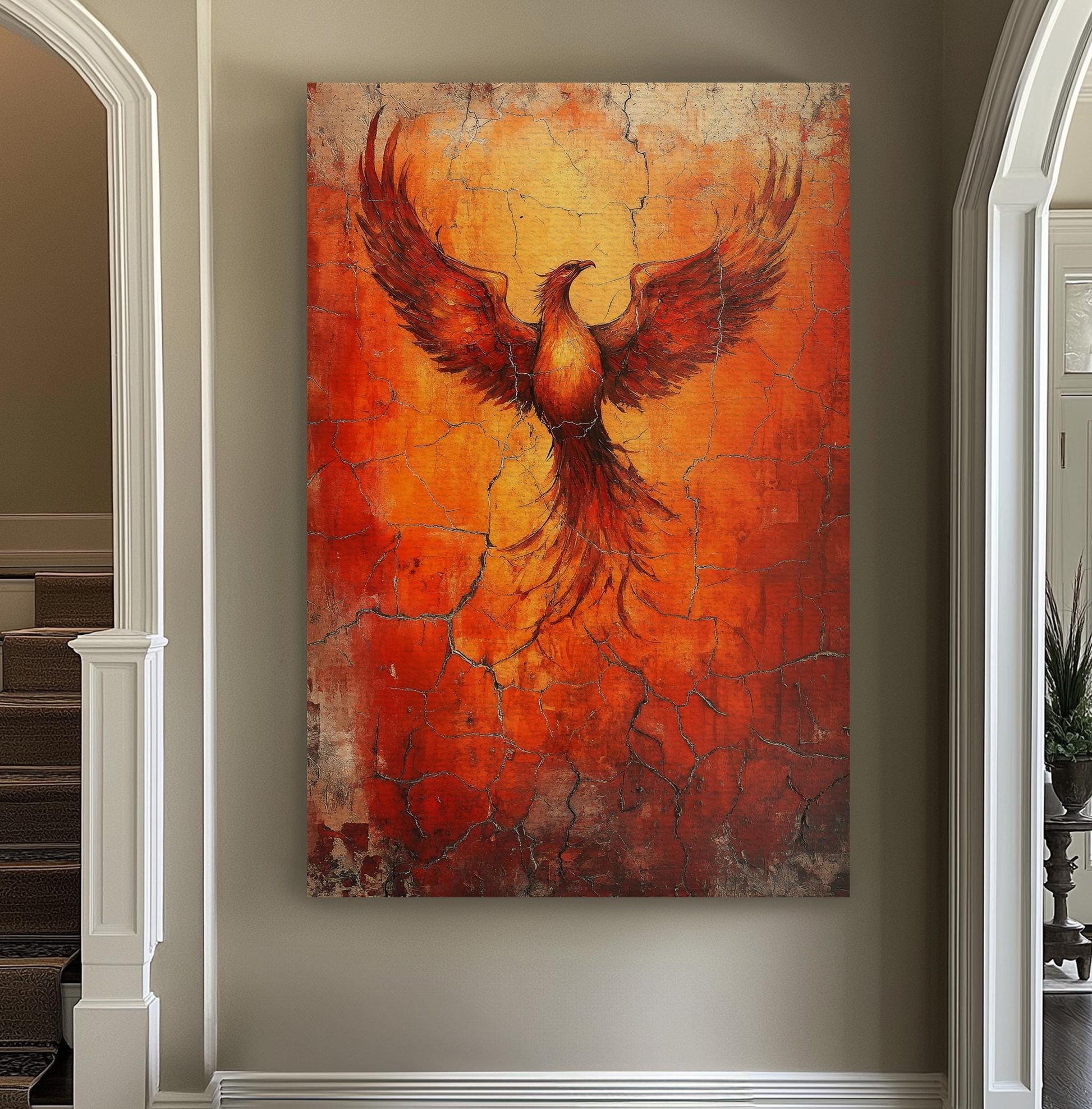 Mythical Phoenix Canvas Art | Impasto Print | Bohemian Wall Art For Living Room | Fiery Sienna Art Vertical Canvas