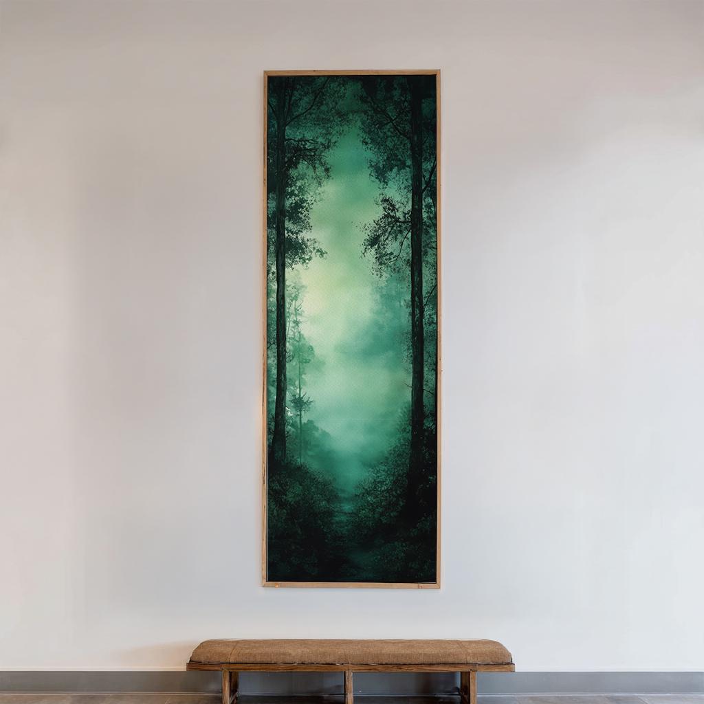 Mystical Forest Path Canvas Art | Watercolor Wash Print | Biophilic Wall Art For Living Room | Jadeite Green Art Long Vertical Art