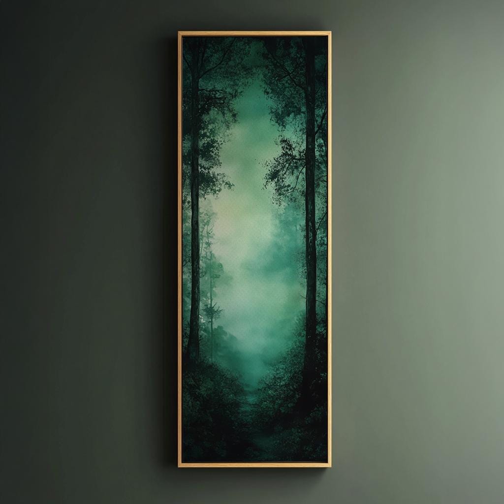 Mystical Forest Path Canvas Art | Watercolor Wash Print | Biophilic Wall Art For Living Room | Jadeite Green Art Long Vertical Art