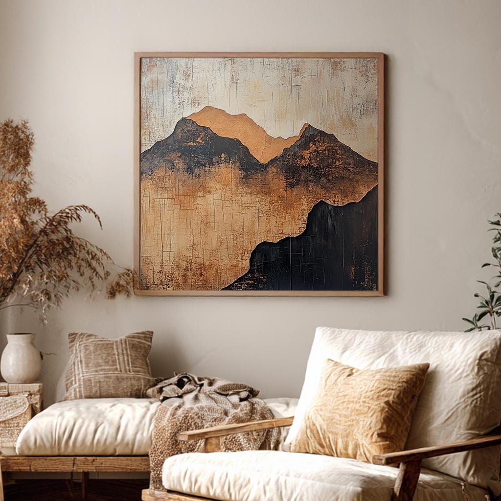 Mountain Range Canvas Art | Textured Impasto Print | Bohemian Wall Art For Living Room | Desert Sunset Art Square Canvas Art