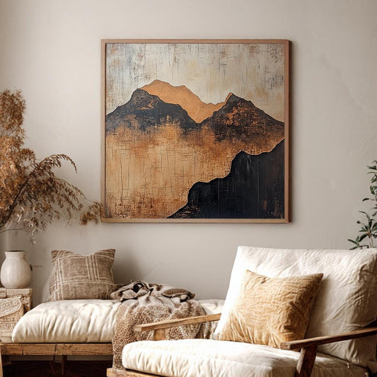 Mountain Range Canvas Art | Textured Impasto Print | Bohemian Wall Art For Living Room | Desert Sunset Art Square Canvas Art