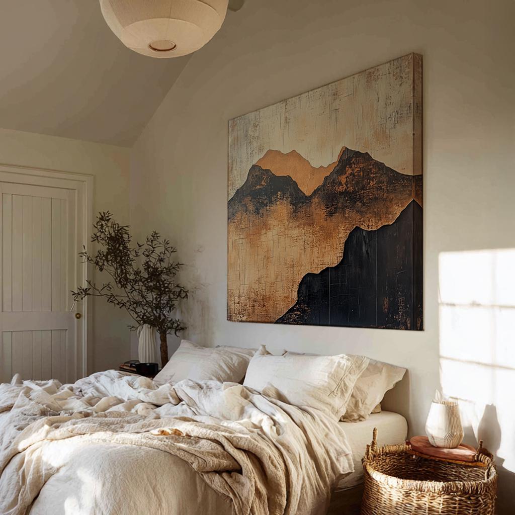 Mountain Range Canvas Art | Textured Impasto Print | Bohemian Wall Art For Living Room | Desert Sunset Art Square Canvas Art