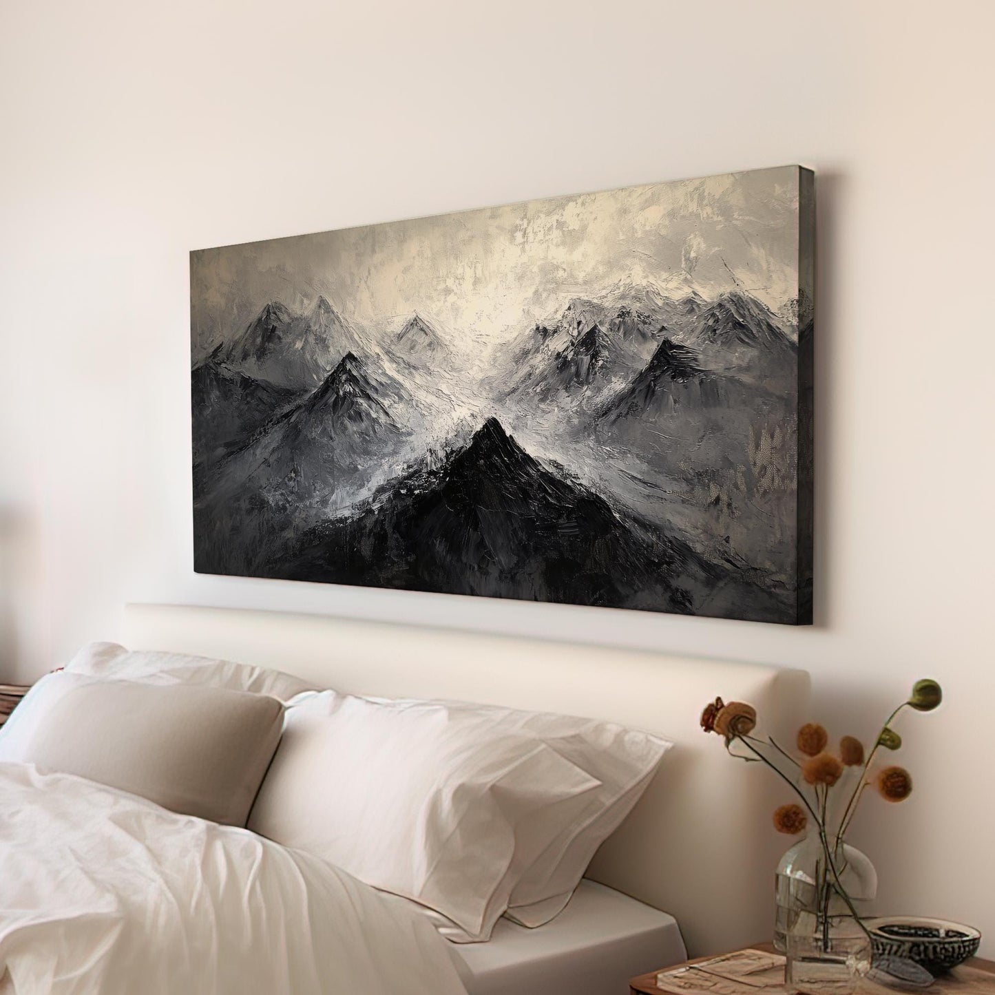 Mountain Range Canvas Art | Impasto Print | Scandinavian Wall Art For Living Room | Charcoal Grey Art Horizontal Art